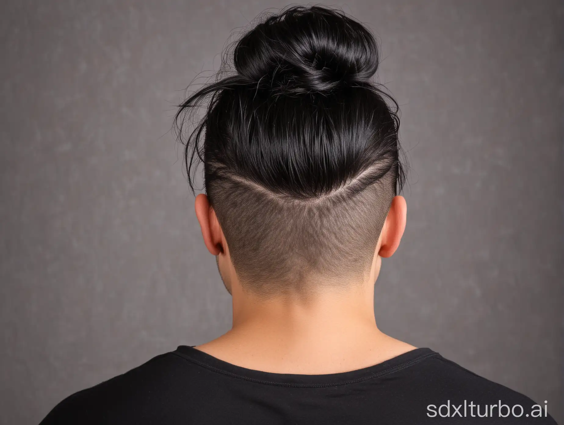 male hair pulle back, shiny, black, long hair, pulled back, front top view