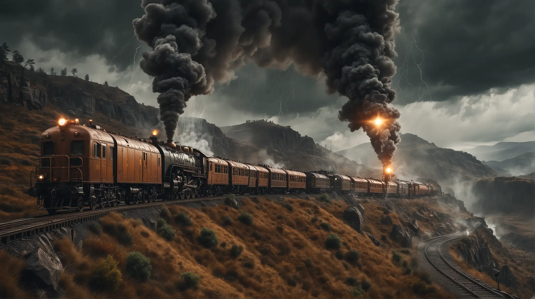 a long steampunk train with two diesel locomotives runs through the wilderness, storm with lighting, dark, copper, steel, glass, gold, steam, smoke, distant view from a very high hill