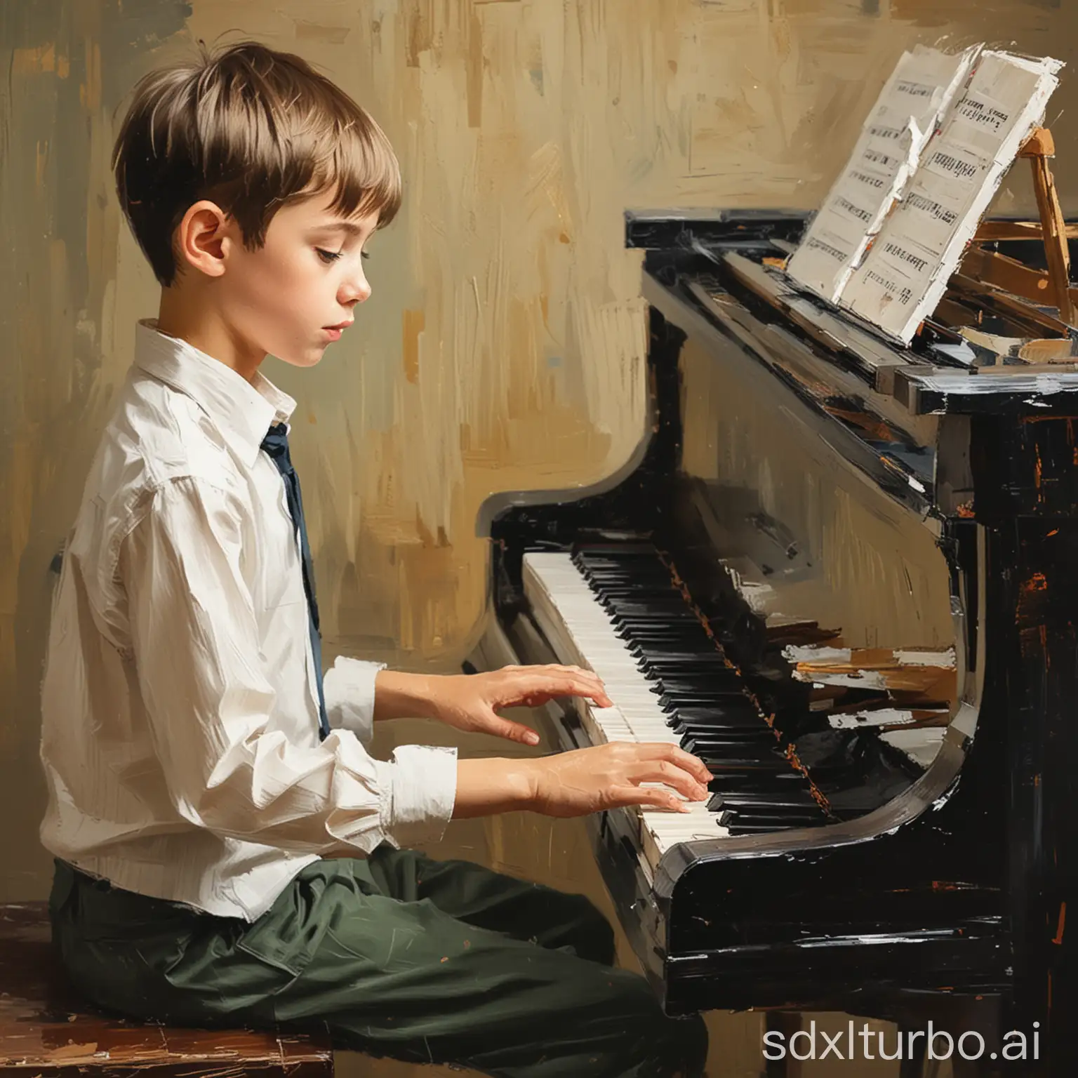 Impressionist painting of boy playing piano using paint strokes