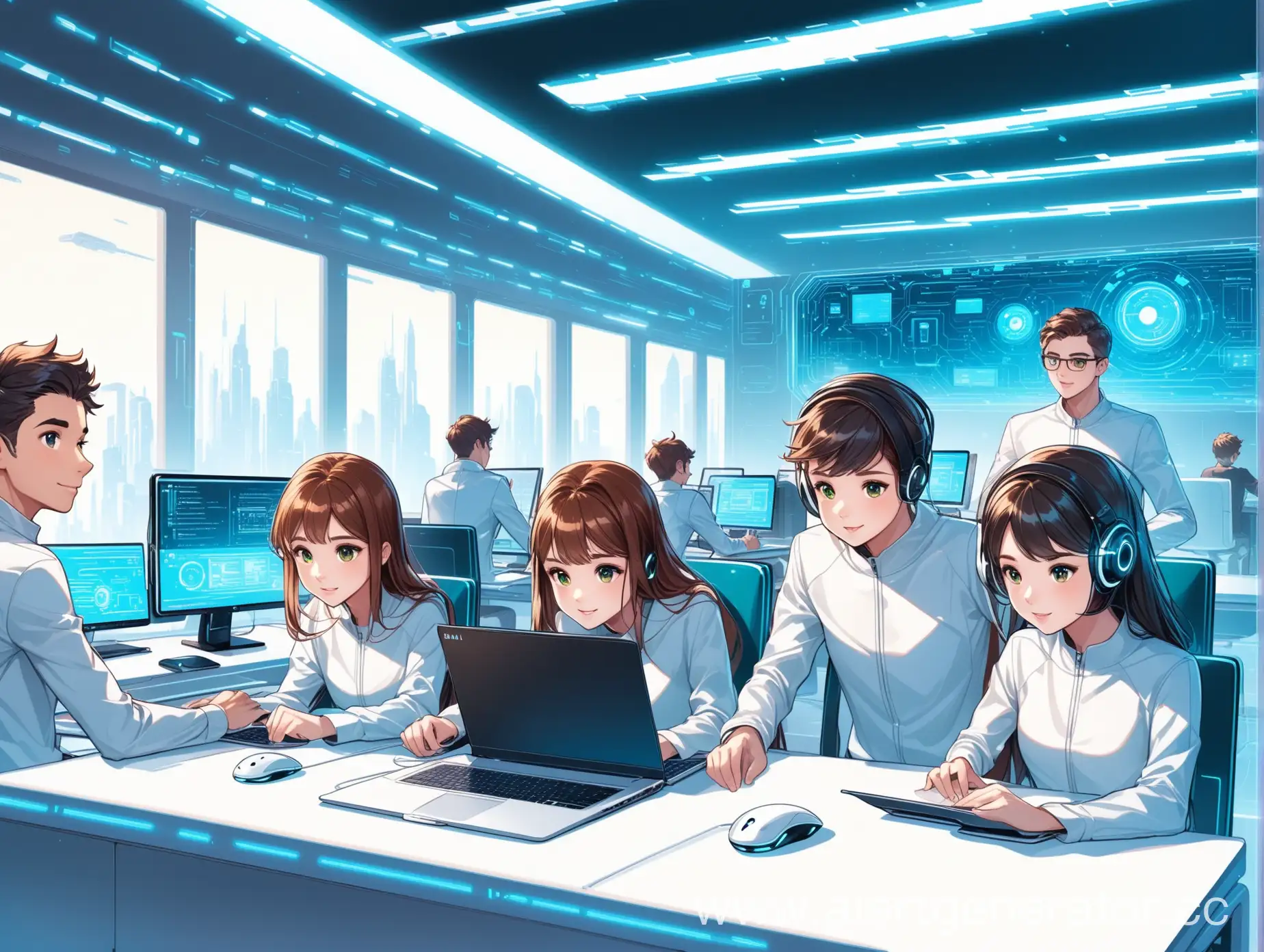 Cartoon staill, teamwork of students, work on artificial intelligence, two boys and girls, futuristic interior, desk with a computer, laptop, and other electronic devices, White background,
