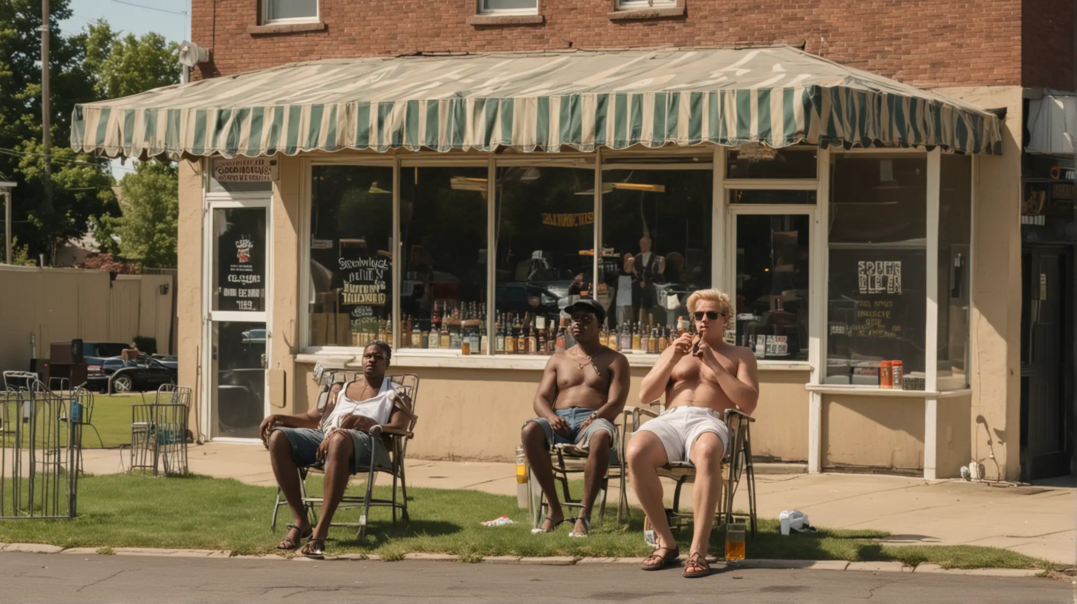 outside a scummy pawnshop on a hot day, two white men in their 30's standing out front smoking while one black man in his 30's sits in a lawn chair drinking a beer.