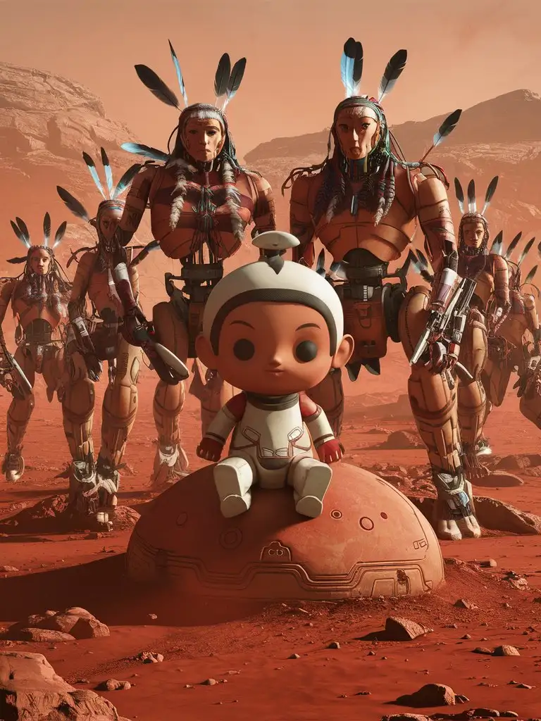 Infant on Mars Surrounded by Robotic Indians