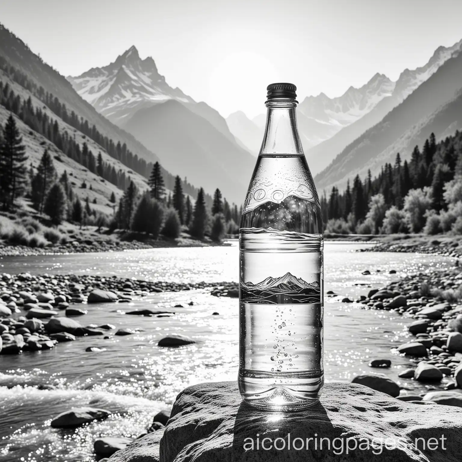  a bottle of mineral water, on the background of mountains, on the background of a river flowing, Coloring Page, black and white, line art, white background, Simplicity, Ample White Space. The background of the coloring page is plain white to make it easy for young children to color within the lines. The outlines of all the subjects are easy to distinguish, making it simple for kids to color without too much difficulty