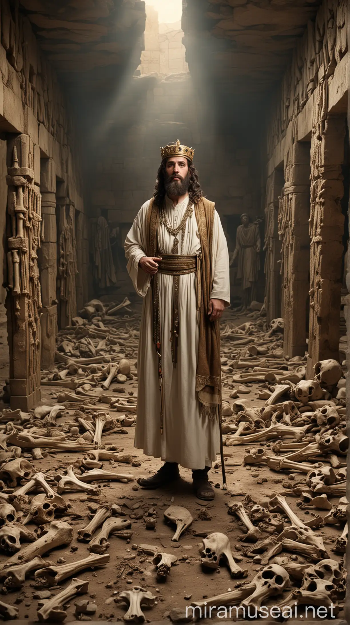 Jewish king standing in the midst of dey bones in ancient world 