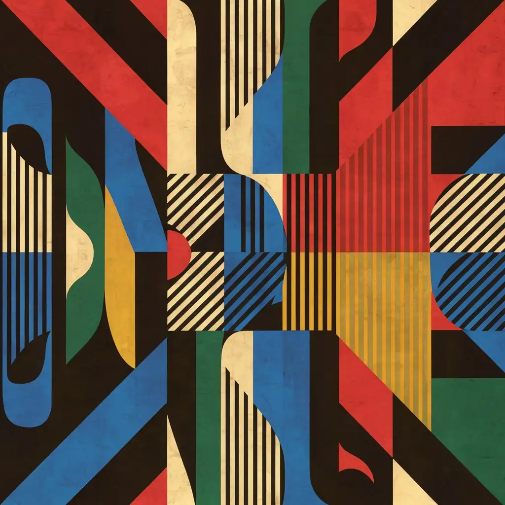 абстракционный геометрический рисунок с использованием красного, черного, синего, жёлтого и зелёного цветов.