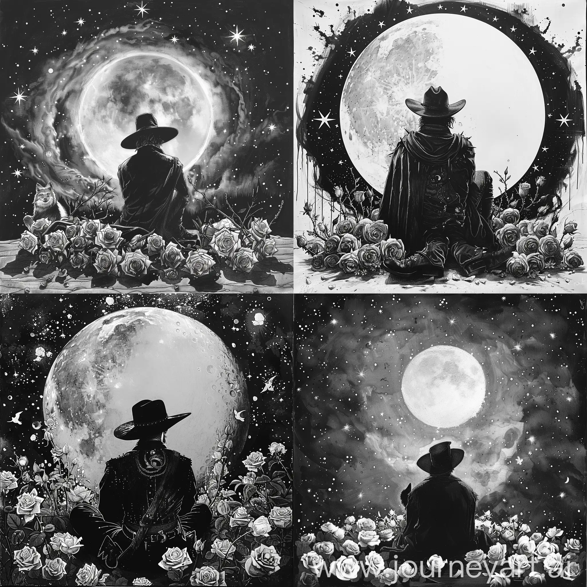 Zorro sentado viendo hacia arriba, viendo hacia un saturno rodeado por 9 estrellas y el zorro rodeado entre rosales con espinas en blanco y negro