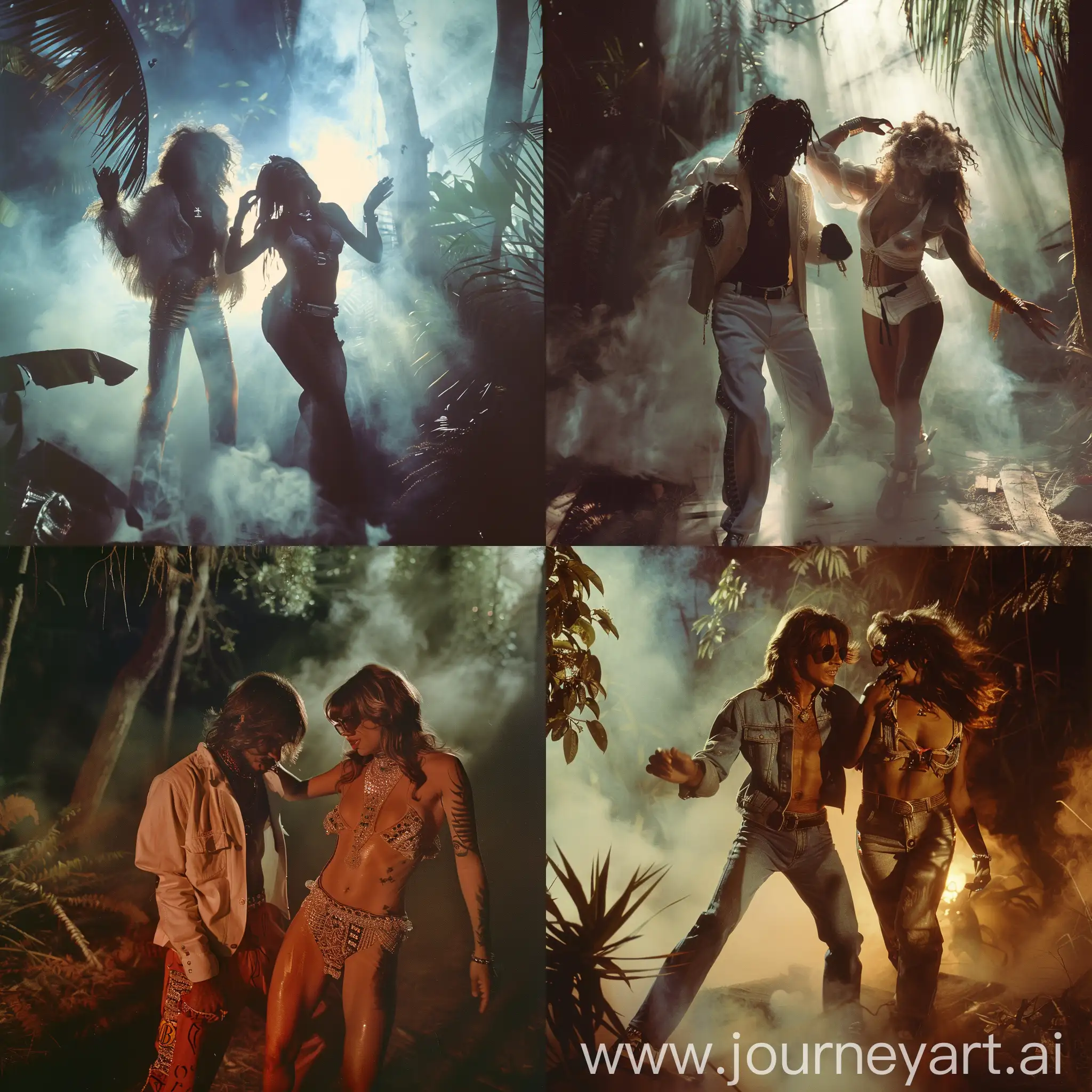 A 1980s Photograph of Juice wrld,dancing next to a woman,in a smokey dark forest.
