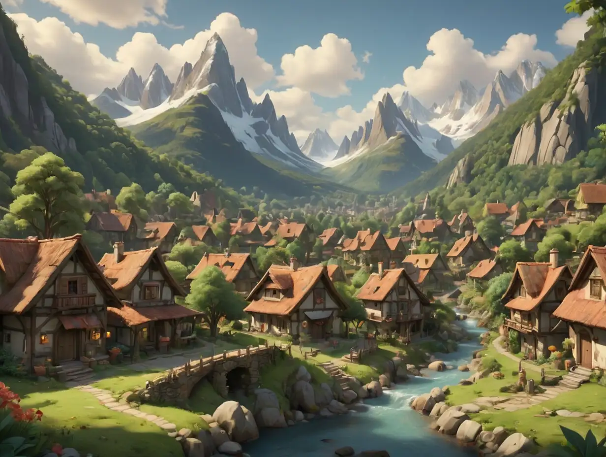 small village surrounded by towering mountains and thick forests, 3d disney inspire