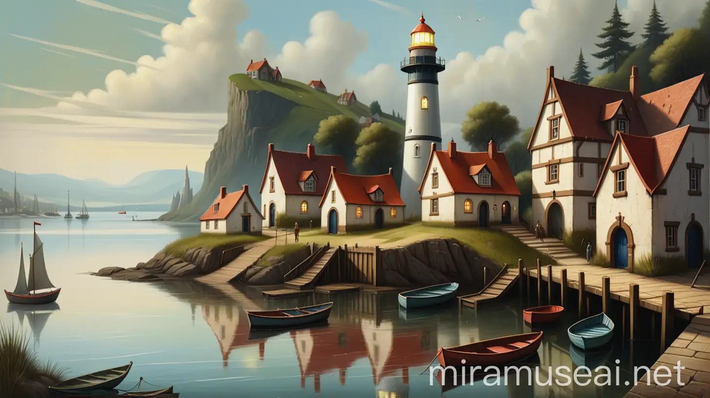 Serene Coastal Town with Lighthouse and Rowboats