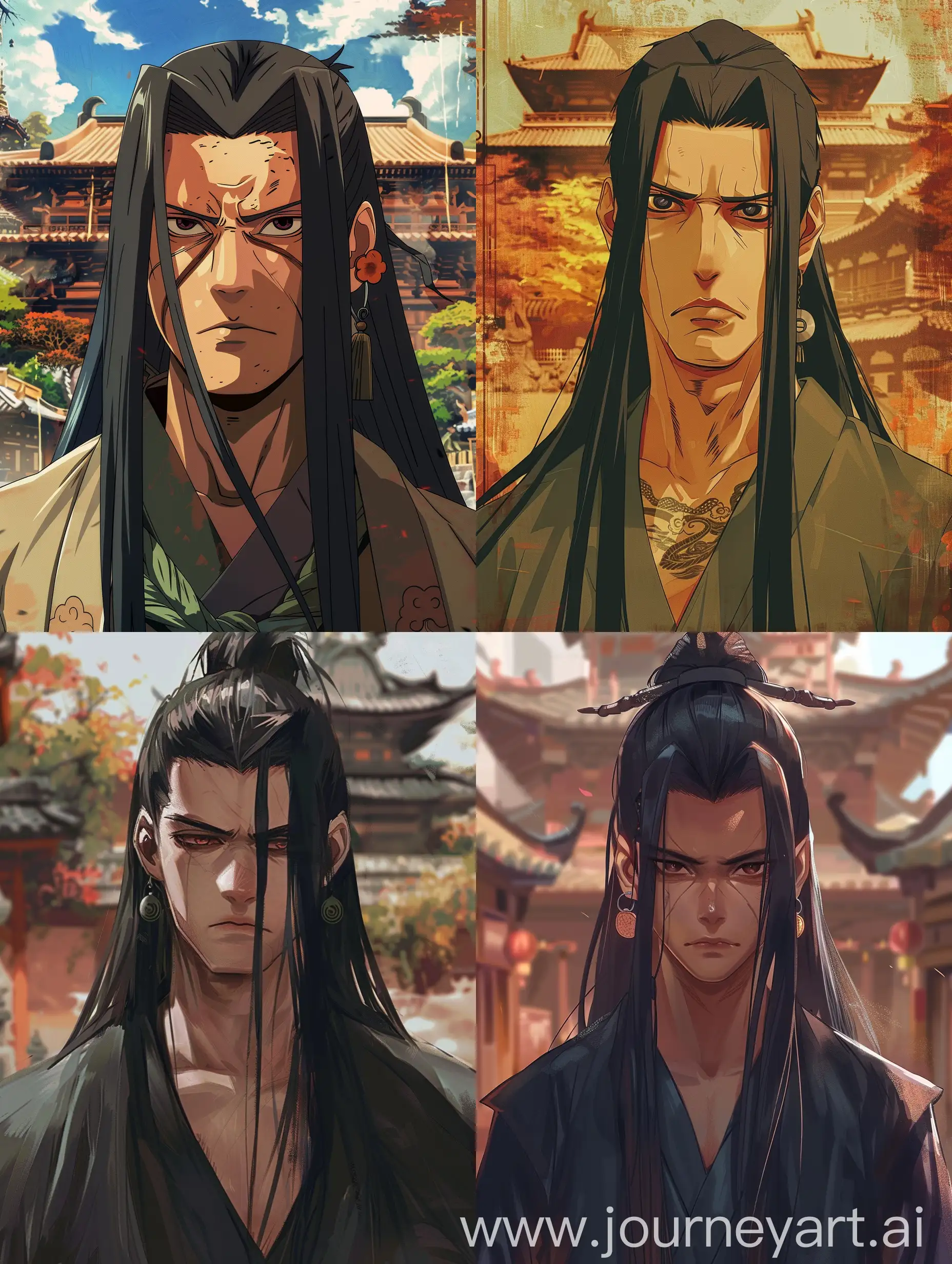 A tall man with an athletic build, beautiful black long hair, beautiful black eyes, straight posture, fantasy temple background, frowning expression. Naruto anime style, beautiful face, more details, beautiful Hanafuda earrings in his ears, the style of clothing of a combat shinobi hermit. A beautiful full-length body