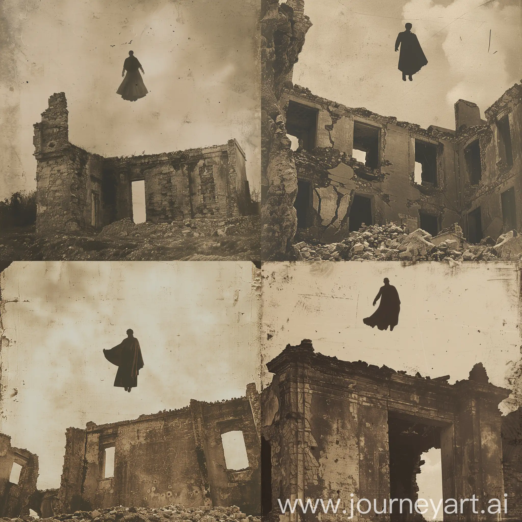 vintage photo of the silhouette of a caped person floating above a ruined building, sepia, photo realistic, ominous, real, realistic