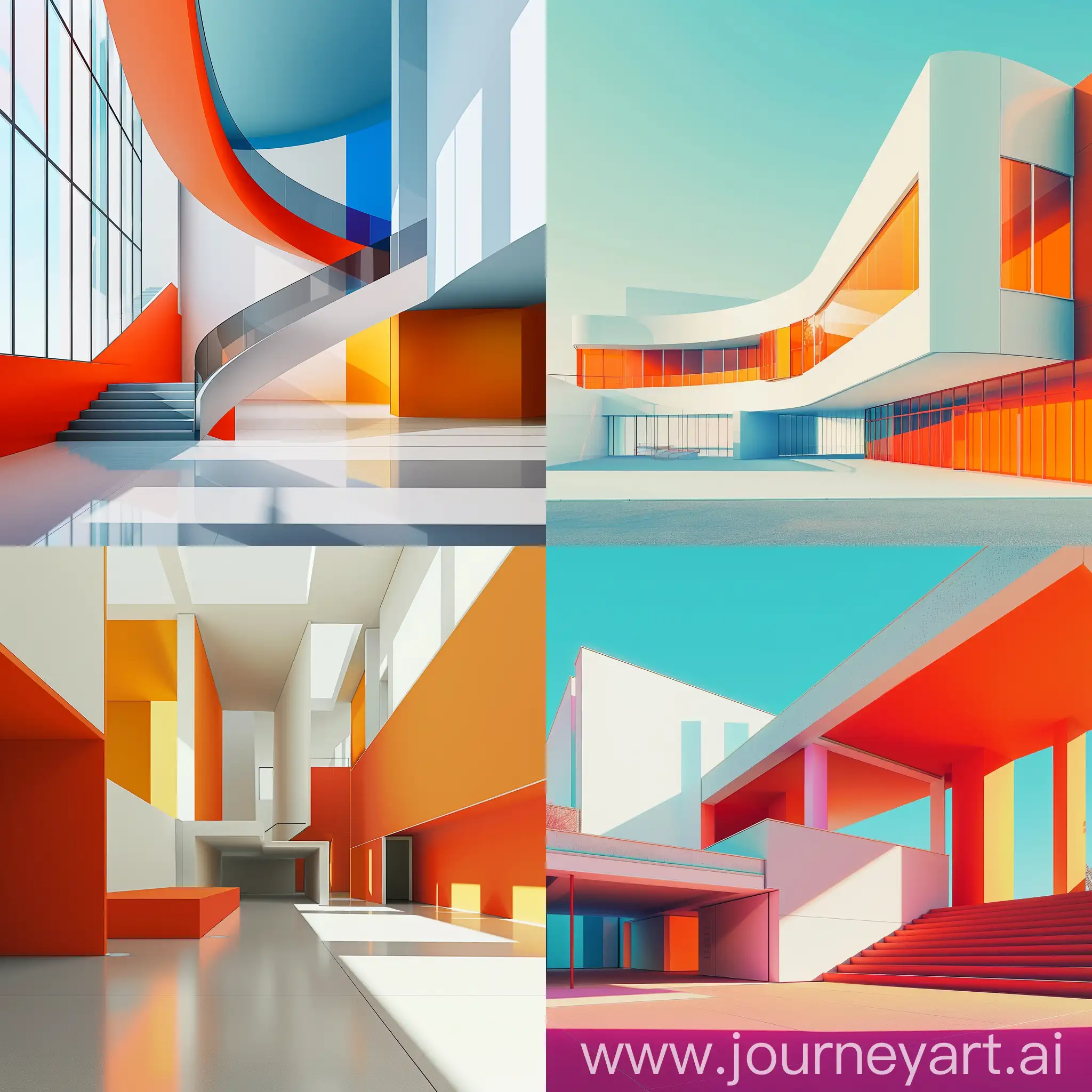 Create a photorealistic image of the modern museum in a classic and minimalistic design in bright colors