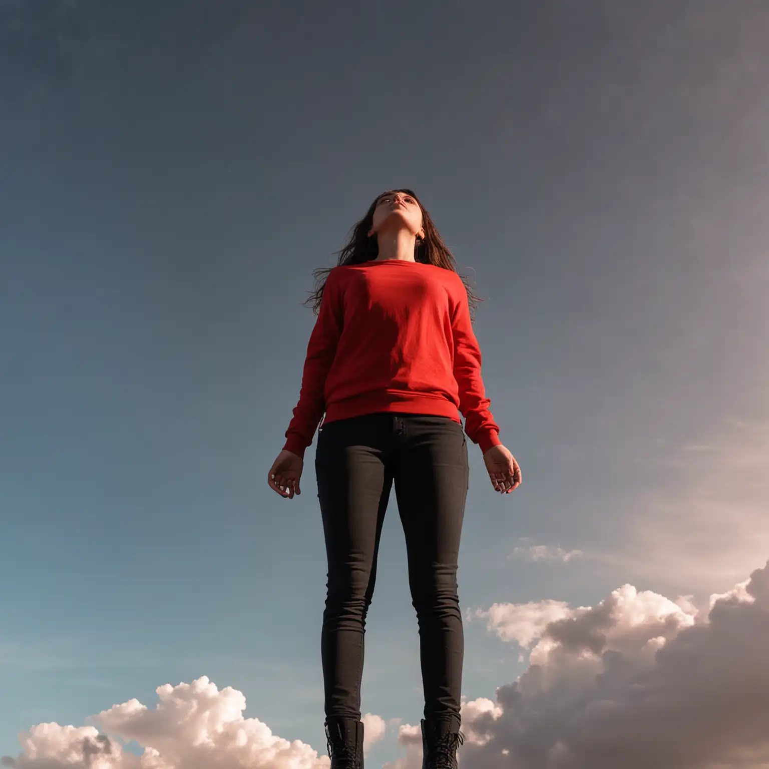 a woman looking up at the sky full body in view. the sky is red 

