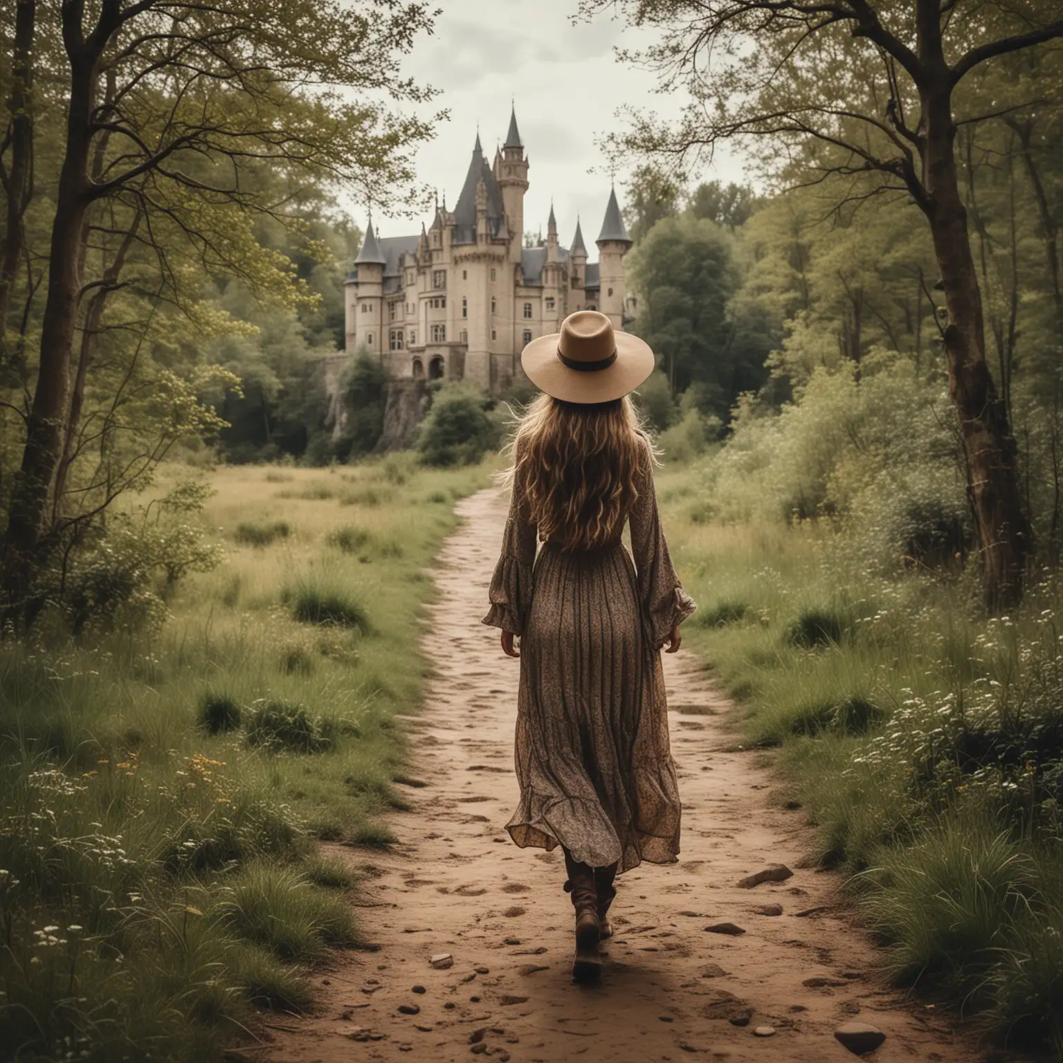 Bohemian Girl Walking to Majestic Castle Through Rustic Forest