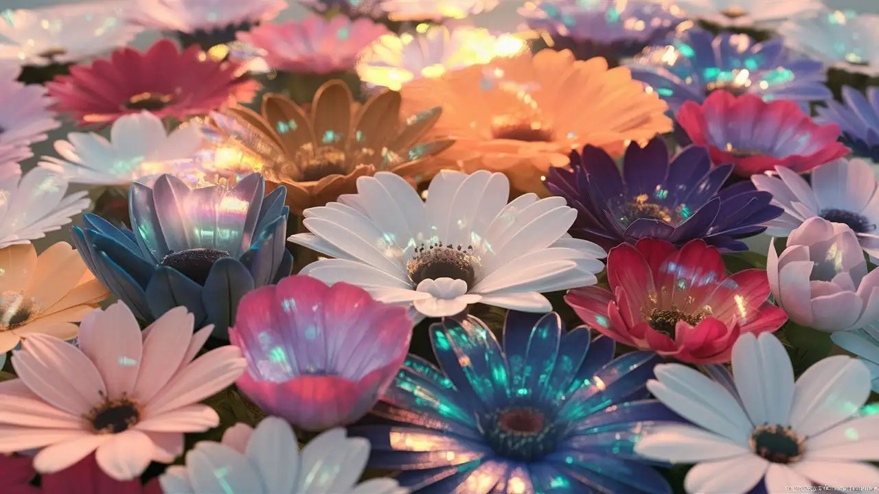 Vibrant 3D Floral Wallpaper with Shimmering Light Effects