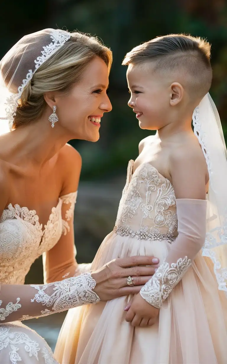 (((Gender role-reversal))), Photograph of a white-skinned British mother and her thin white-skinned young son, a cute small boy age 10 with short smart hair shaved on the sides, the boy has gone with his mother to her wedding dress fitting at a wedding dress shop, but while there the mother can’t resist making her son try on a mini version of her wedding dress too, the sweet boy is smiling calmly with dimples in a thick frilly strapless wedding dress with long sleeves and a veil, adorable, perfect children faces, perfect faces, clear faces, perfect eyes, perfect noses, smooth skin