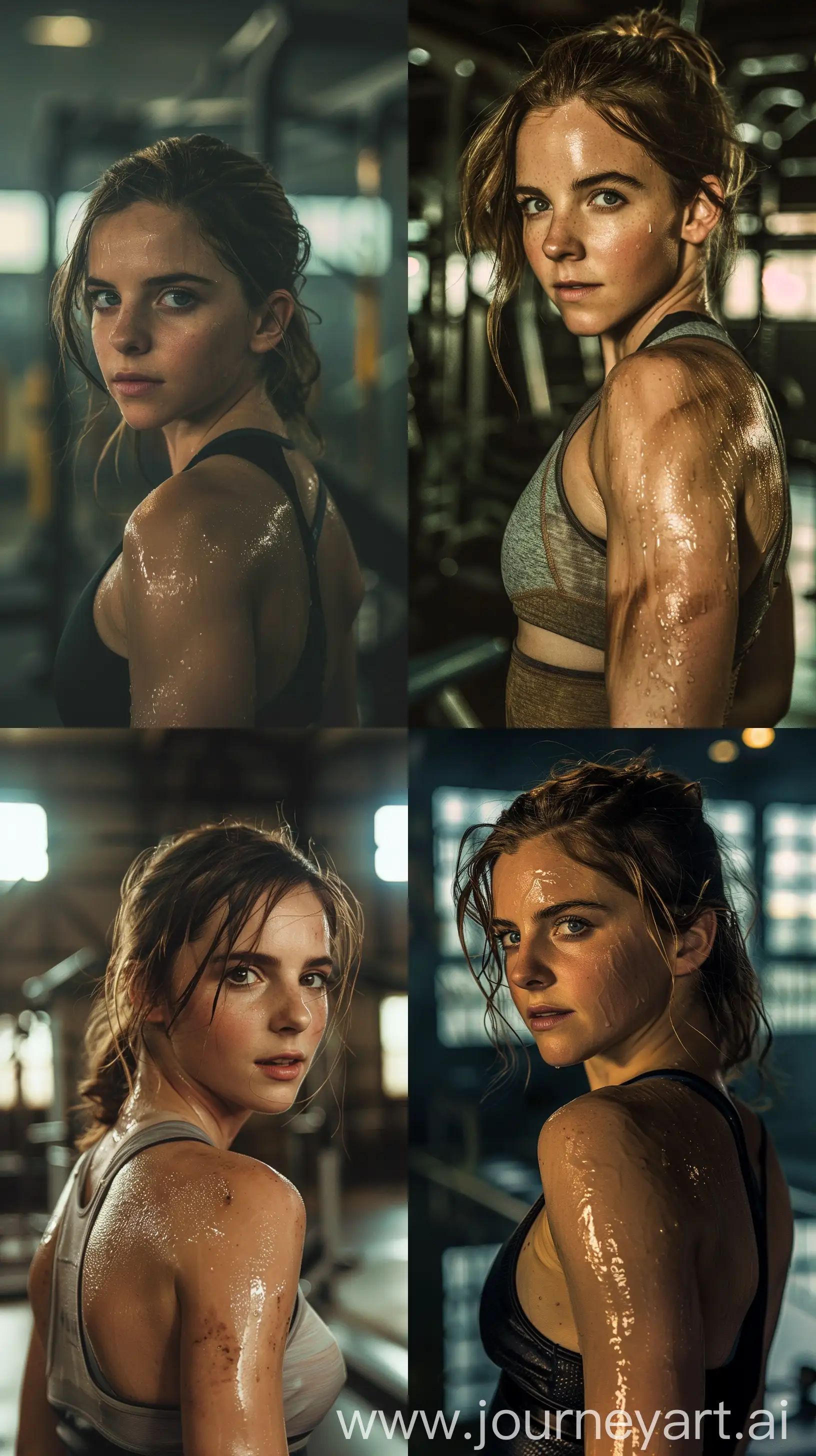 Emma Watson, sporty figure, sweaty skin, stands back to the camera, she looks at the camera over her shoulder, cinematic, gym background,  --ar 9:16