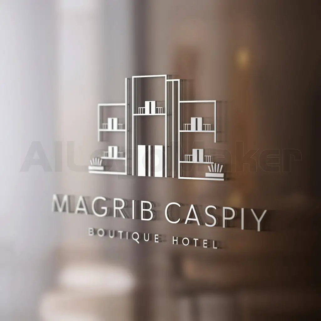 a logo design,with the text "Magrib Caspiy", main symbol:Main Symbol: Depict a modern, elegant building with large windows and glass balconies, reflecting the boutique hotel style. Style: Boutique hotel, emphasizing elegance and modernity. The design should convey a sense of exclusivity and comfort, aligning with the high level of service and the serene atmosphere. Tone: Moderate – balanced between minimalism and refinement. Background: Transparent background to allow the logo to be easily integrated into various materials and media.,Moderate,clear background
