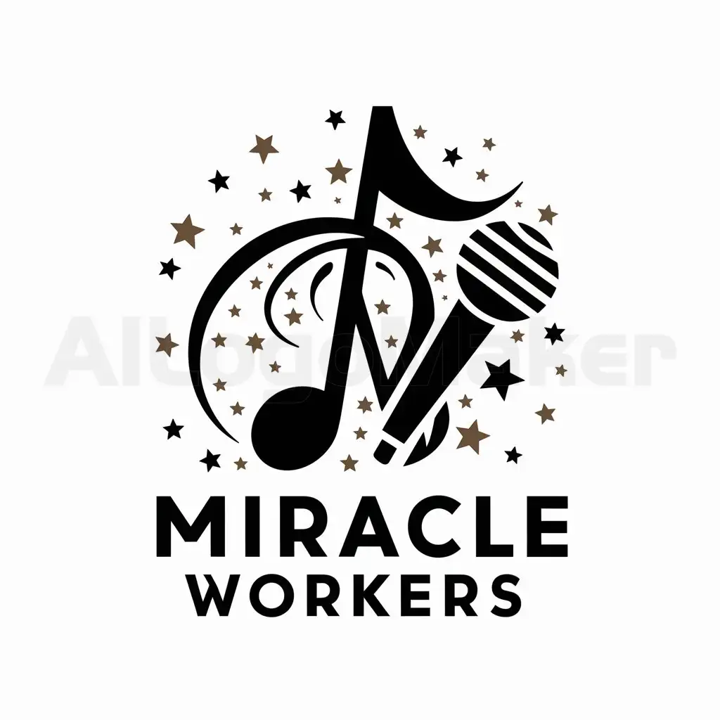 a logo design,with the text "MIRACLE WORKERS", main symbol:Notes, microphone, stars.,complex,be used in Entertainment industry,clear background