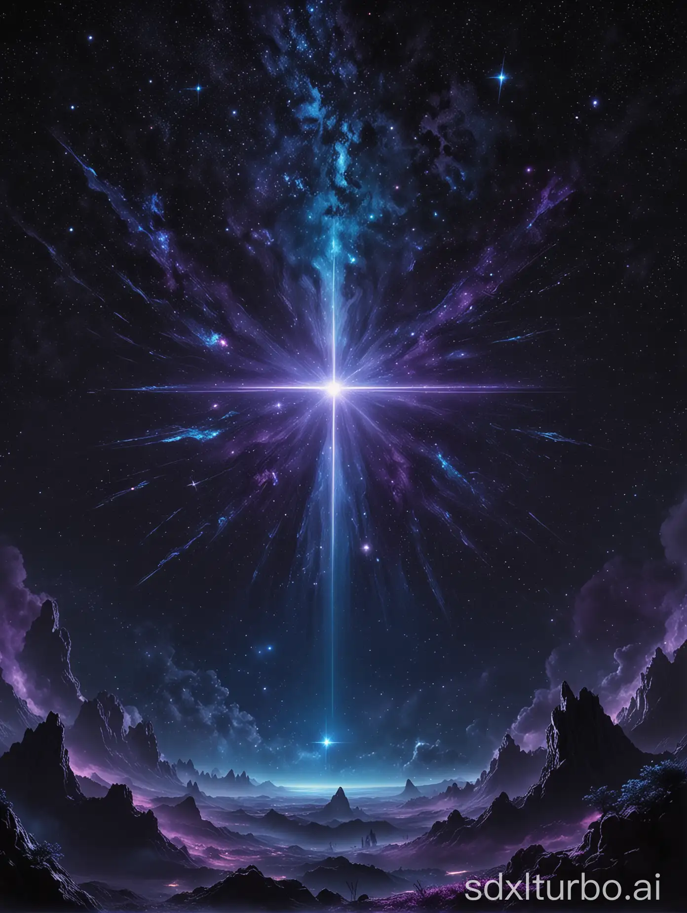 a blue and black sky with stars and a blue and black background with a bright purple star in the center, Aya Goda, space art, galaxy, a matte painting