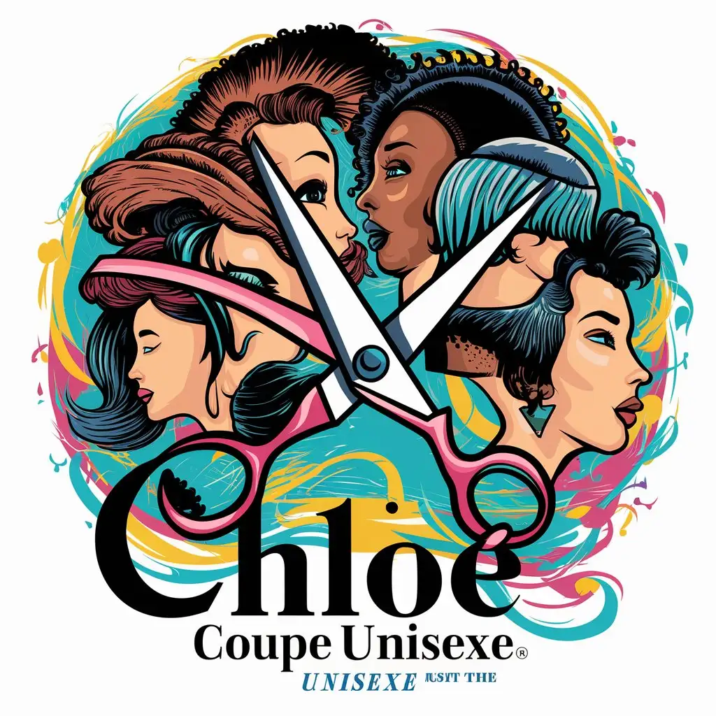 a logo design,with the text "Chloé Coupe Unisexe", main symbol:Colourful background men and woman head haircut scissors,complex,clear background