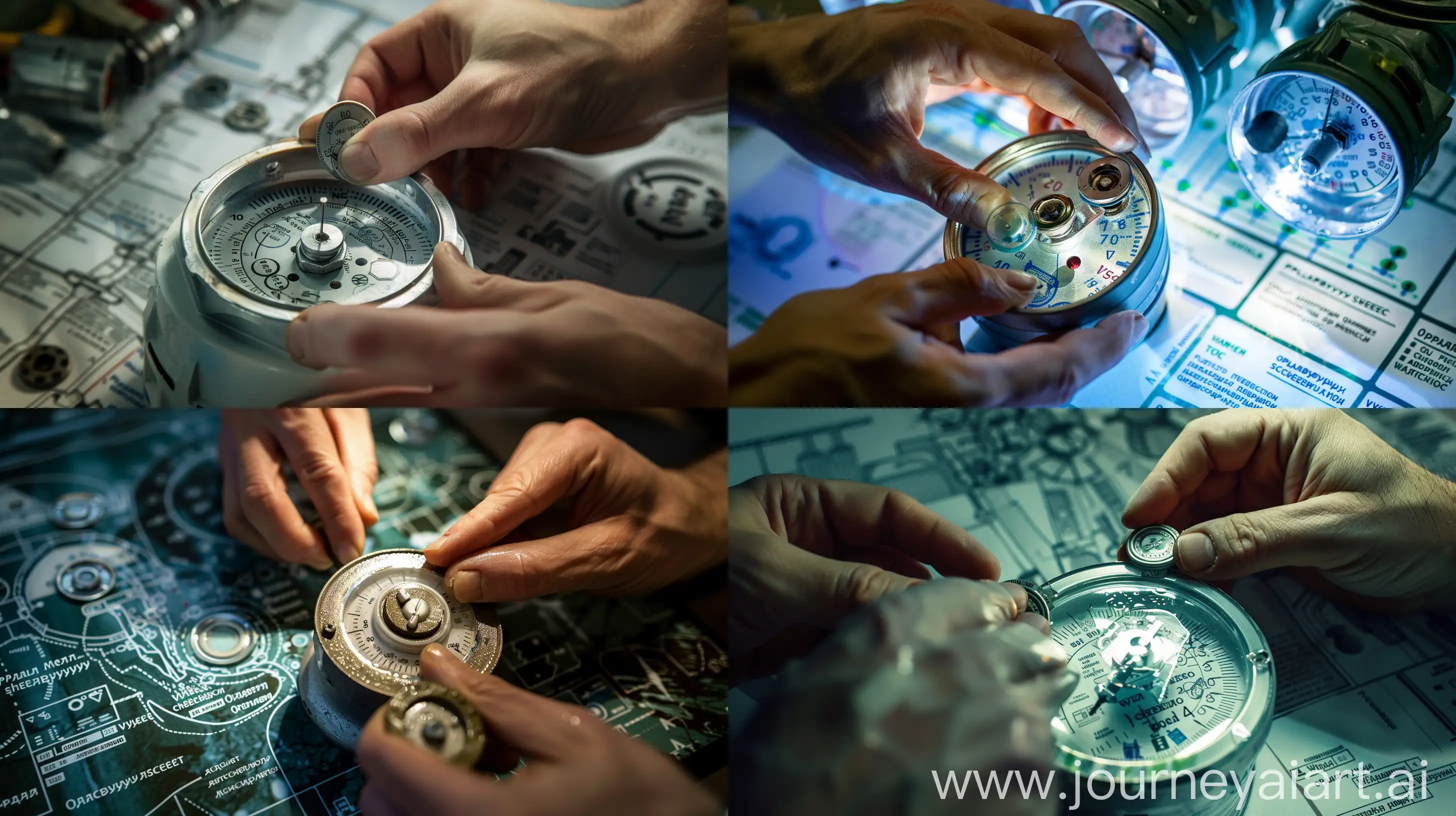 A close-up photograph capturing the process of sealing water meters, known as опломбировка счетчиков воды, against a backdrop detailing the essentials of water meter sealing. Skilled hands delicately apply seals to the meter, showcasing the meticulousness of the process. The seals, bearing unique markings, are carefully affixed to ensure accuracy and security. Bright lighting highlights the intricate details of the seals and the meter, emphasizing their significance. The composition juxtaposes the technical aspects of sealing with informative visuals, providing clarity on the purpose and procedure of water meter sealing.  --ar 16:9 