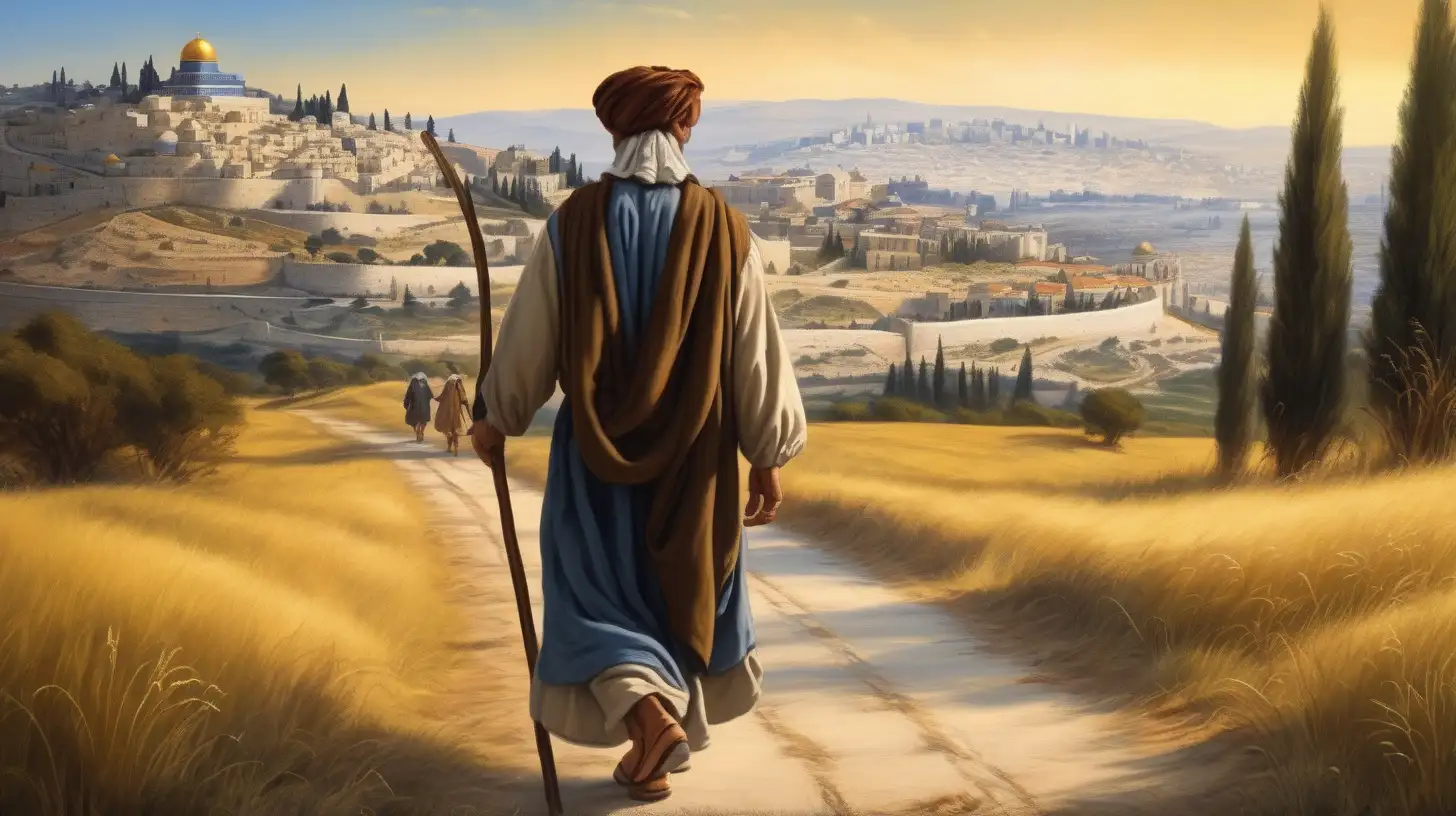 Hebrew Pilgrim Walking Towards Jerusalem in Countryside