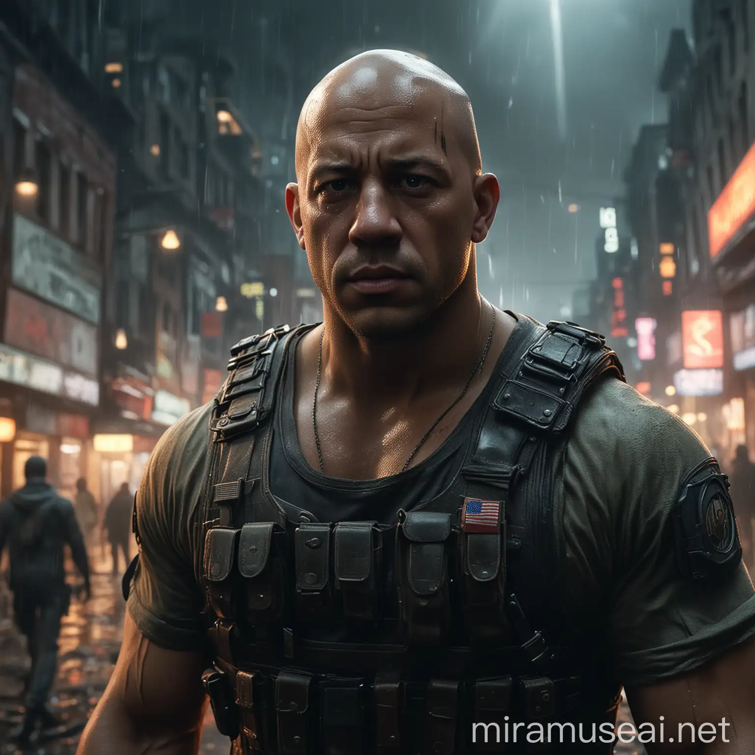 Vin Diesel in Hyperrealistic Tactical Attire Amidst Cinematic Cityscape