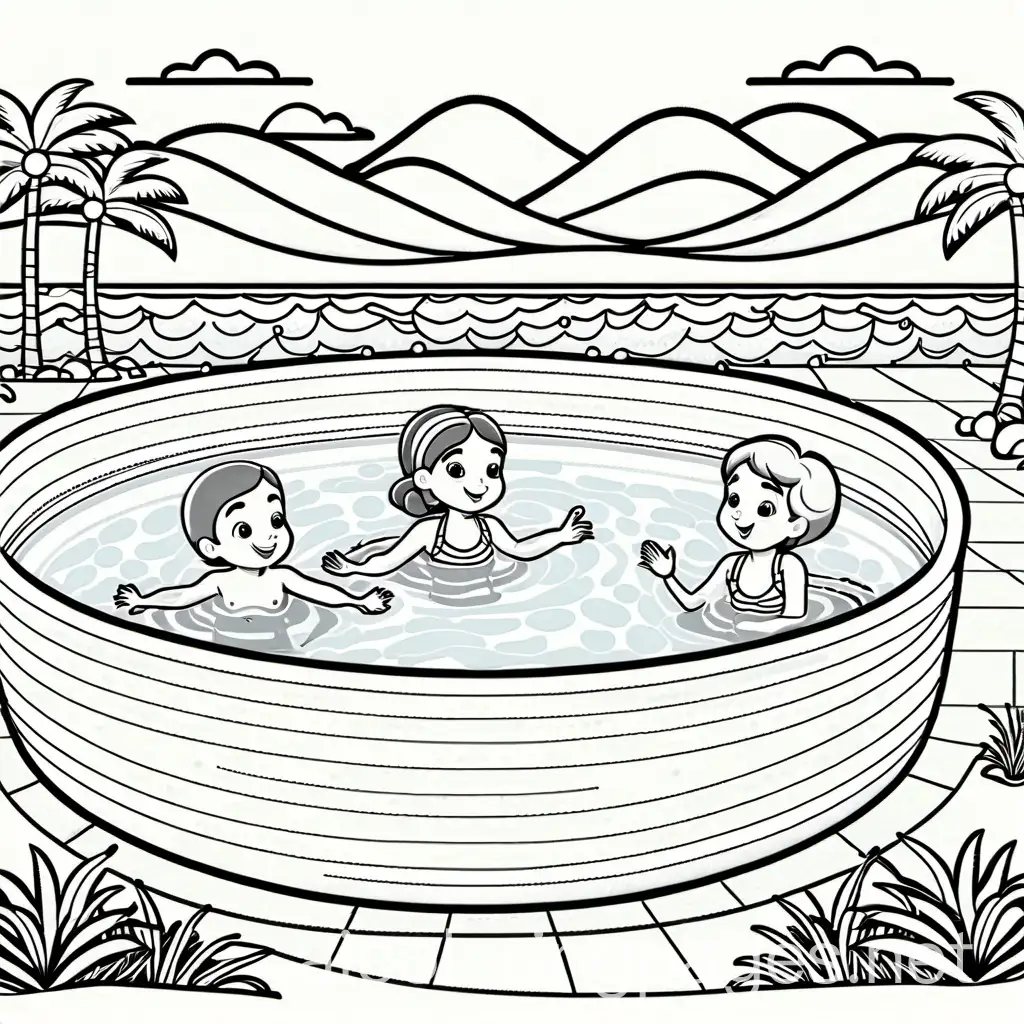 children playing in the pool , Coloring Page, black and white, line art, white background, Simplicity, Ample White Space. The background of the coloring page is plain white to make it easy for young children to color within the lines. The outlines of all the subjects are easy to distinguish, making it simple for kids to color without too much difficulty