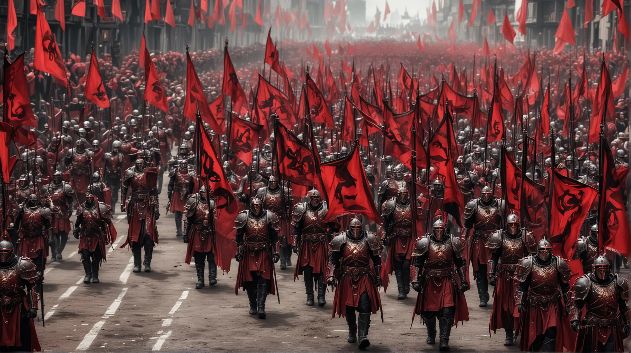 A large professional army marching while carrying crimson colored banners, wearing crimson and black warhammer styled armor