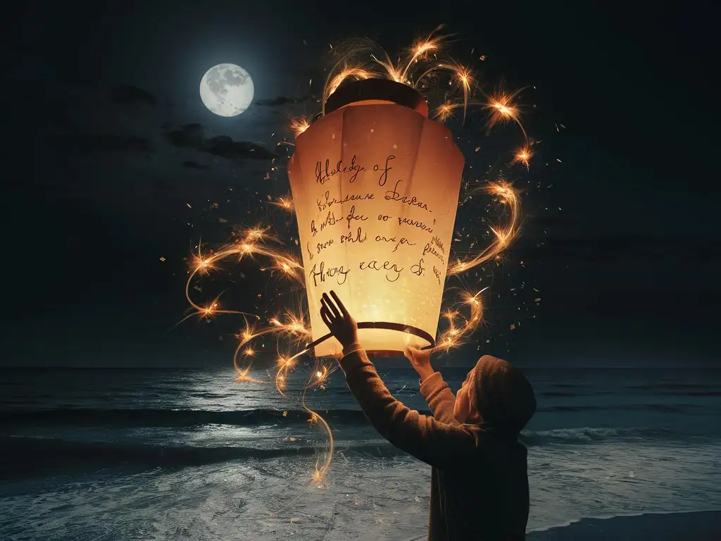 A person releasing a sky lantern by the sea, with messages of hope and love written on it, the lantern's light twinkling in the night sky.
