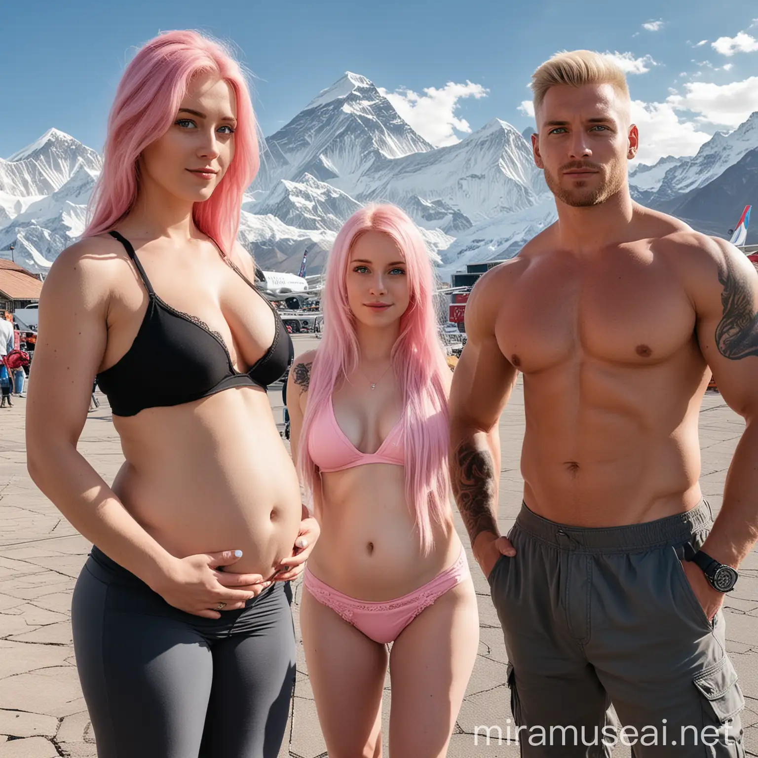 . The woman has blonde and pink hair and blue eyes and is pregnant. The man is very muscular and has a square stomach. The girls have light brown hair. In the background Mount Everest and very Big city amd airport Very very far in the city . It looks good from their luxury villa. 