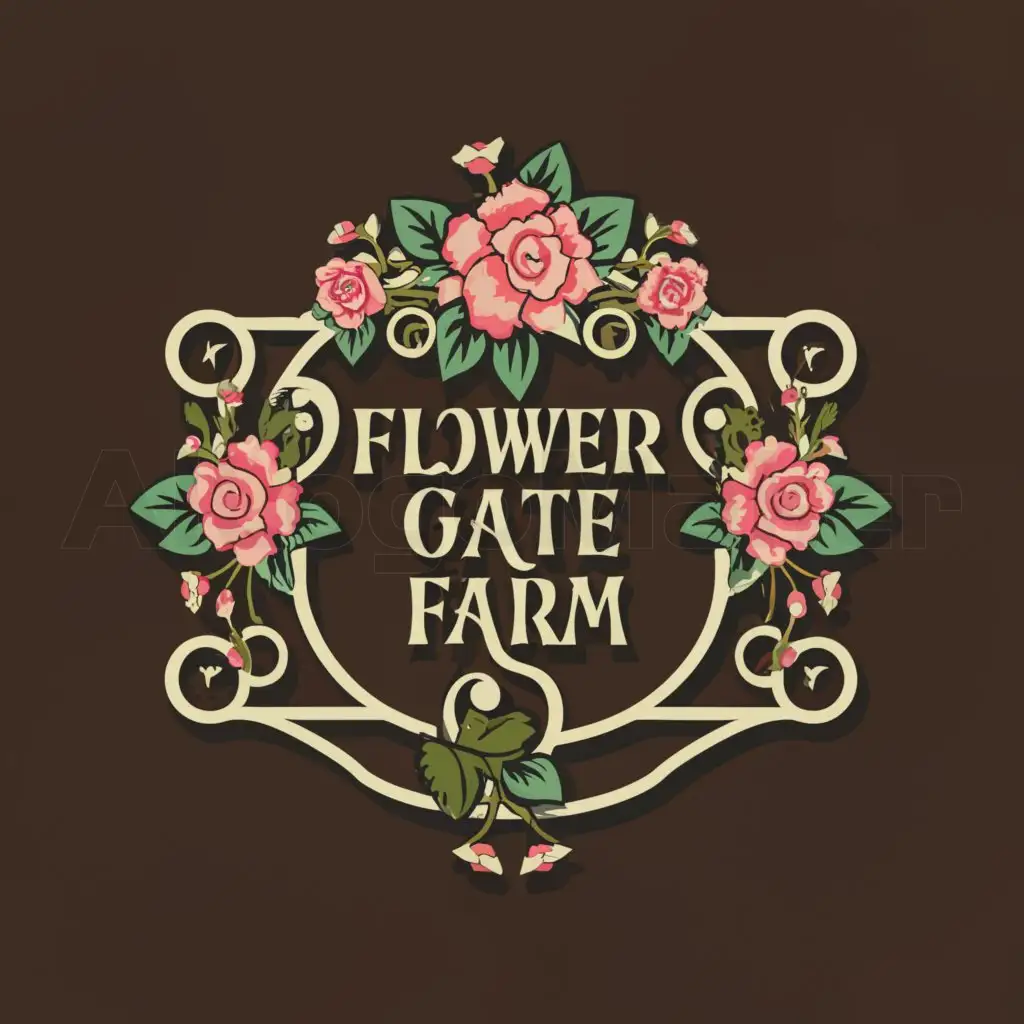 a logo design,with the text "Flower Gate Farm", main symbol:wrought-iron gate/fence with chic flowers with pink the primary flower color, fontbold,front of gate with twirly,Moderate,be used in Flower industry,clear background