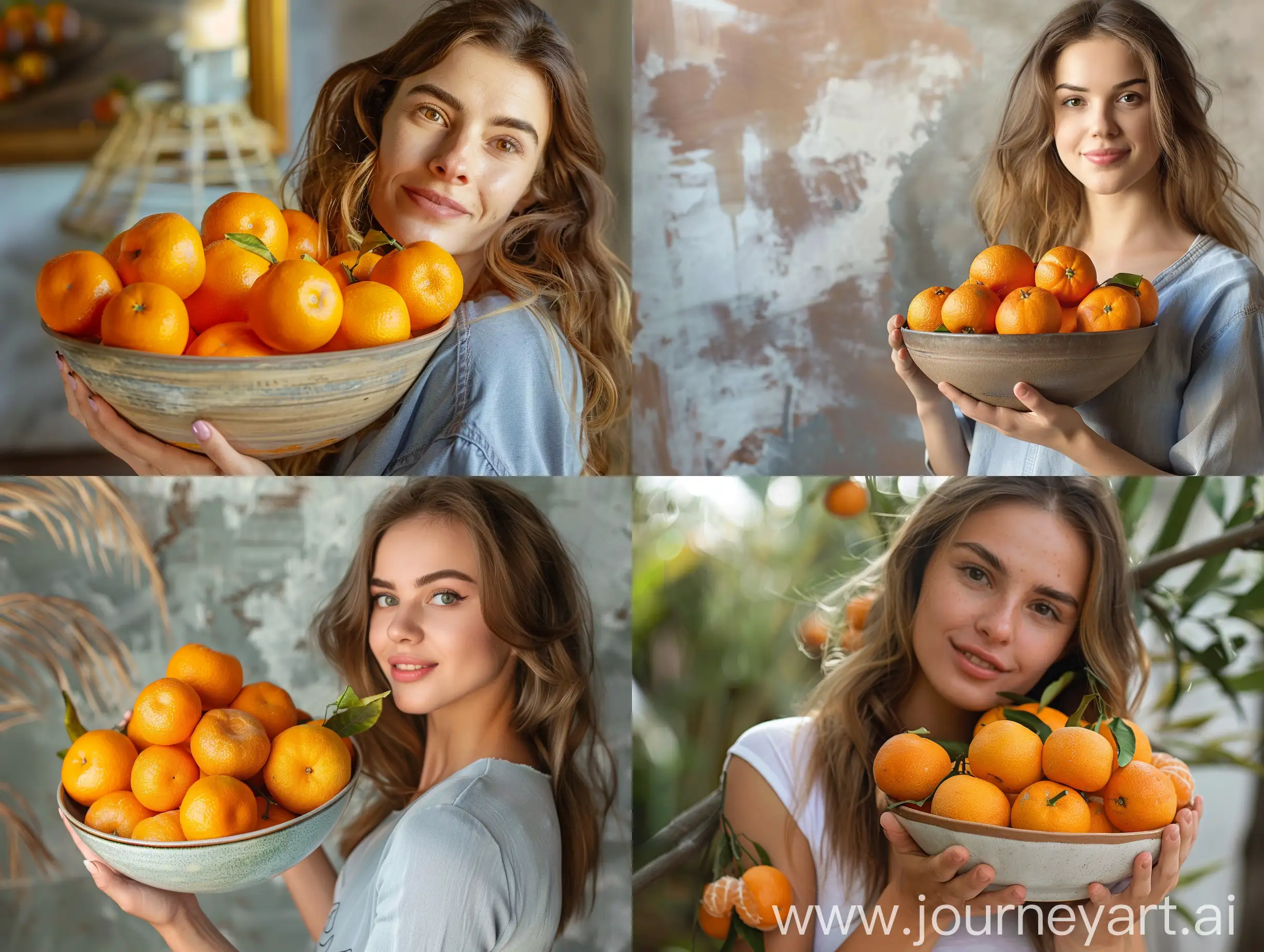 Attractive advertising photo of a woman holding a bowl full of tangerines