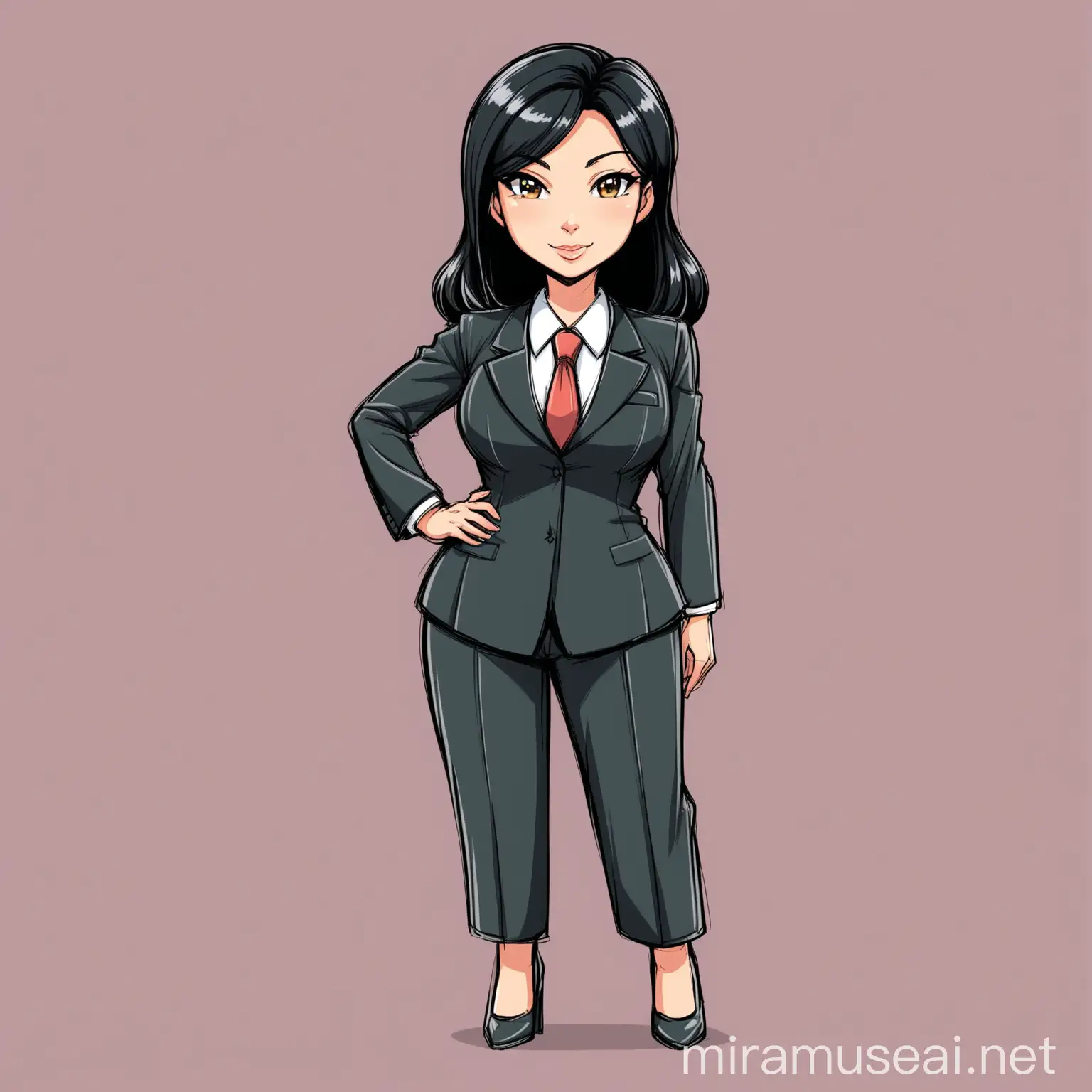 Cartoony color:
A beautiful
woman she is a lawyer 40years old with black hair, she has worn an elegant suit full body
