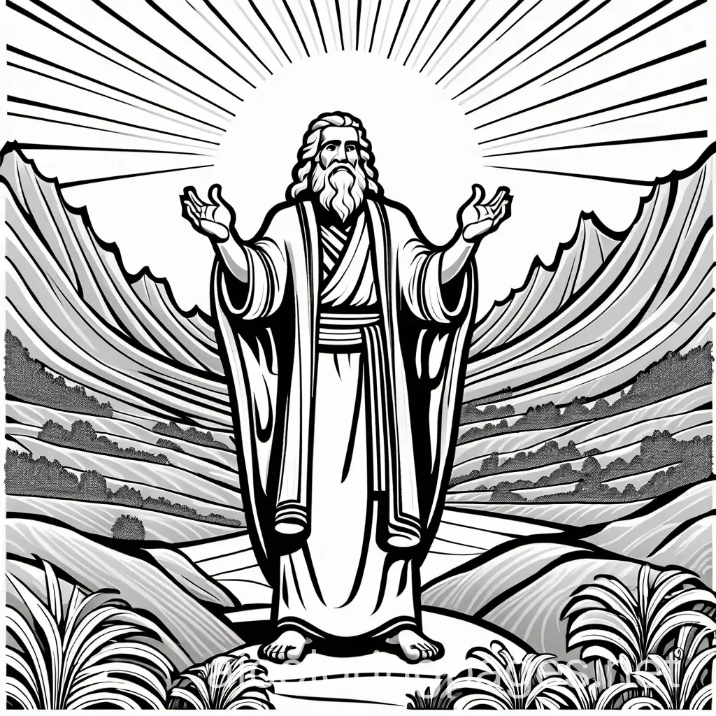 Moses and the ten commandments in black and white with no background, Coloring Page, black and white, line art, white background, Simplicity, Ample White Space. The background of the coloring page is plain white to make it easy for young children to color within the lines. The outlines of all the subjects are easy to distinguish, making it simple for kids to color without too much difficulty