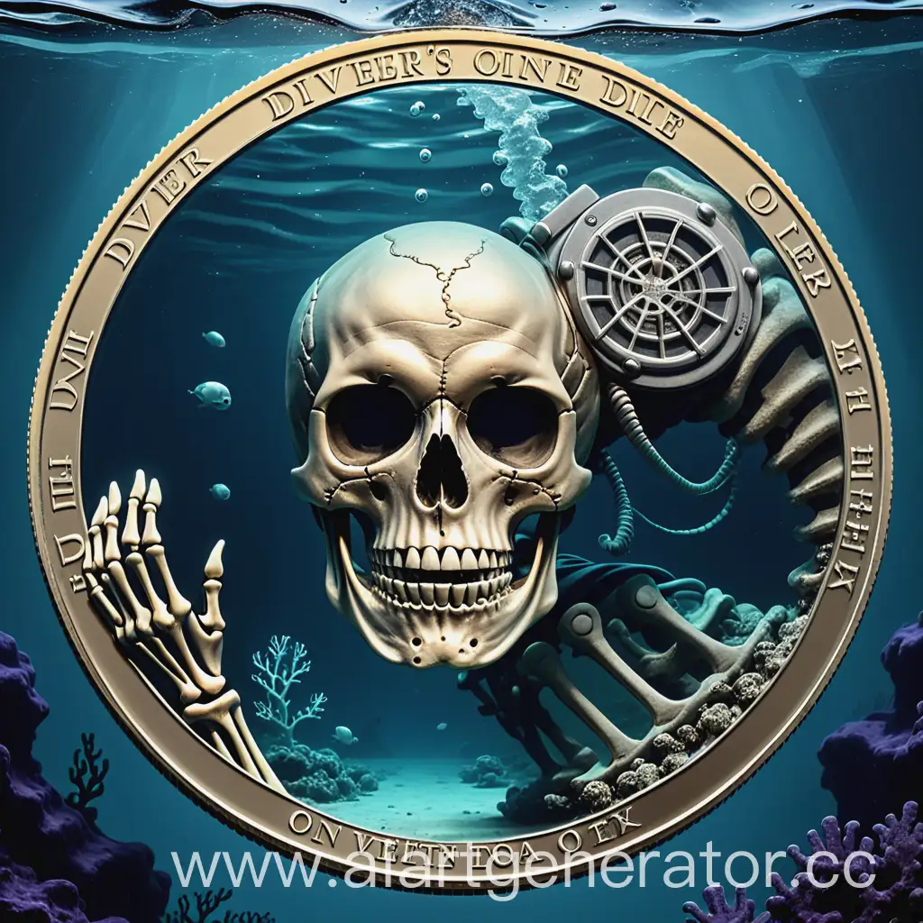 монета с черепом скелета дайвера под водой 