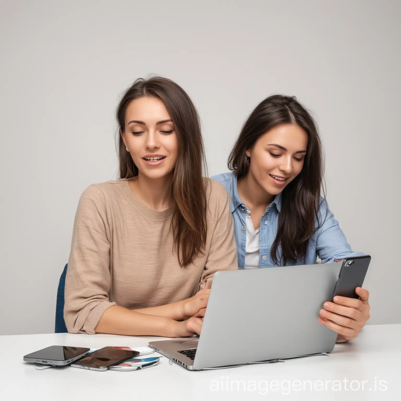 man with laptop, woman with phone, on a white background
