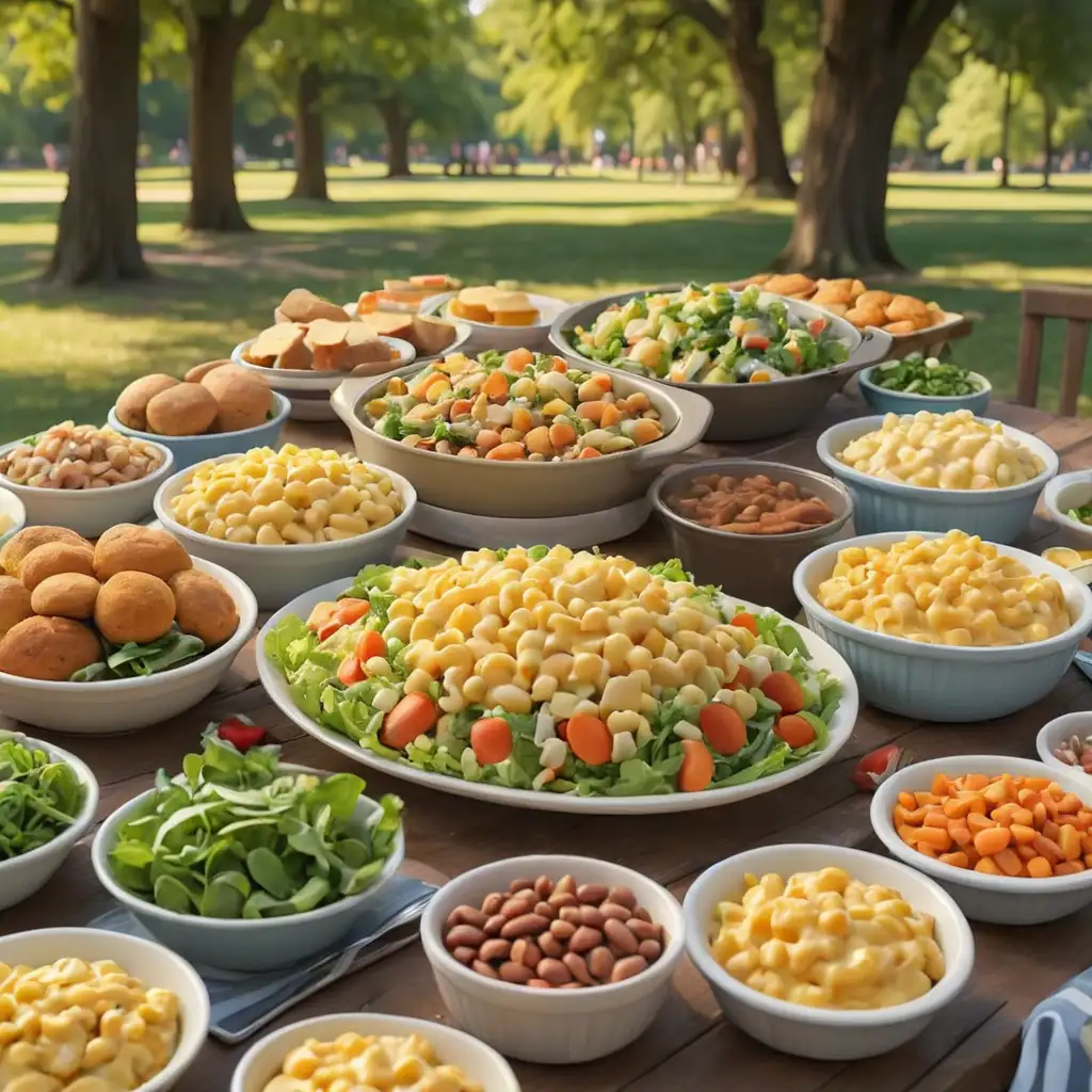 cartoon style colorful salad, potato salad, cornbread muffins, greens, pinto beans, mac and cheese, and carrots on a long table in the park