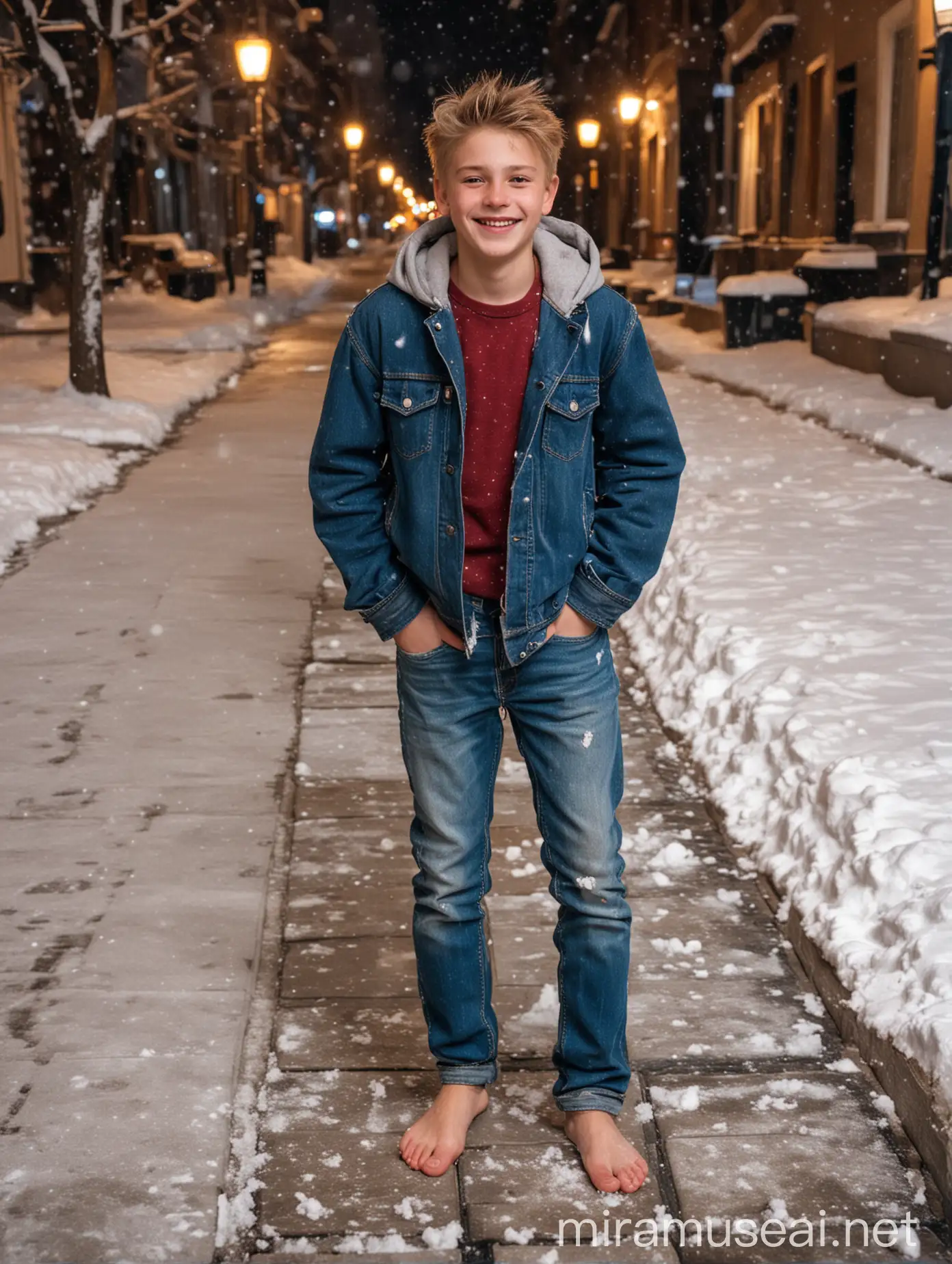 Молодой мальчик босиком, 17 лет, улыбка, светлые волосы, джинсы босиком, босые ноги. Закаливание босиком по снегу. Город, снег, зима, дорога из плитки. Вечер, фонари