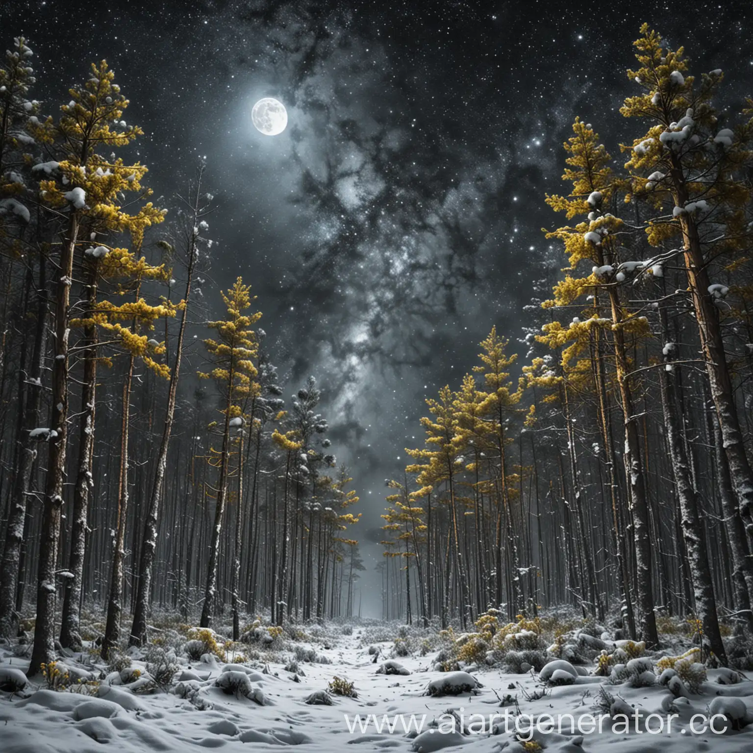 Ночь, снежный непроходимый хвойный лес, снег блестит от звёзд, две луны, одна жёлтая меньшая и вторая большая серебристая, вид сверху