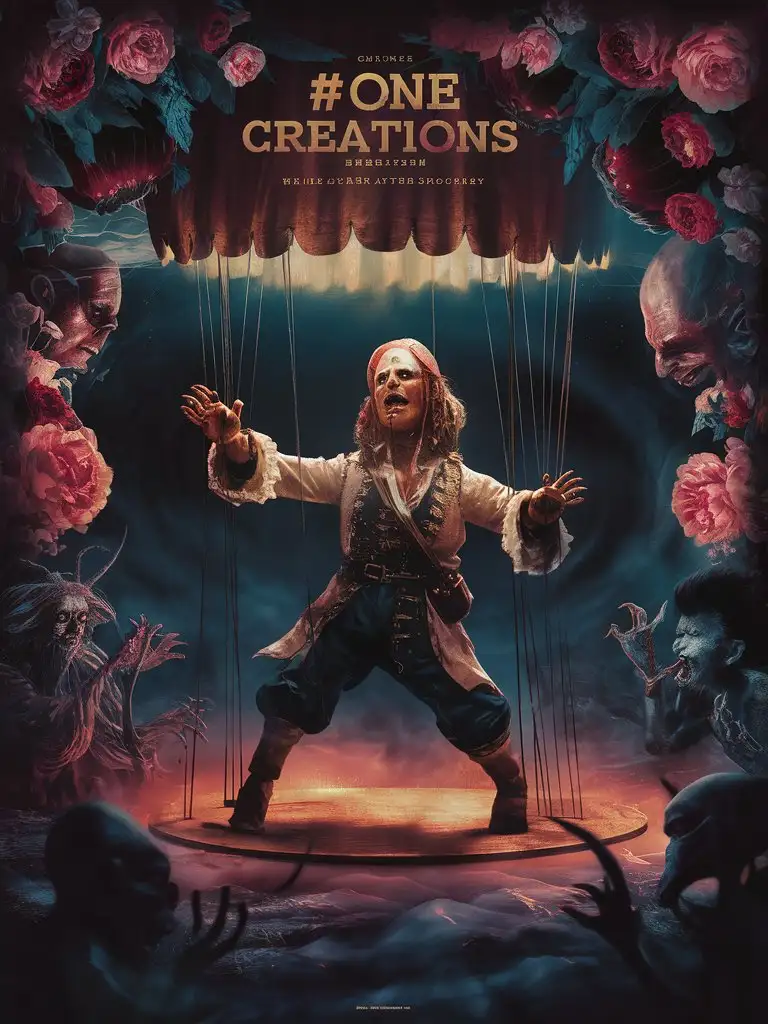 design a poster bold title: '#one creations' featuring Performing Exorcisms at the Cosmic Carnival like a misfit marionette 🏴‍☠️, horror, extraterrestrial, flowers, , James Christensen,. Hyperrealistic art cinematic film still photography, fantasy,. shallow depth of field, strings attached moody, epic, horror, ,. realism pushed to extreme, fine texture, incredibly lifelike<LoRA:Cute_Emerald-V3:2.0>, (Chinese brush painting) . (Wu Guanzhong:1.3)

