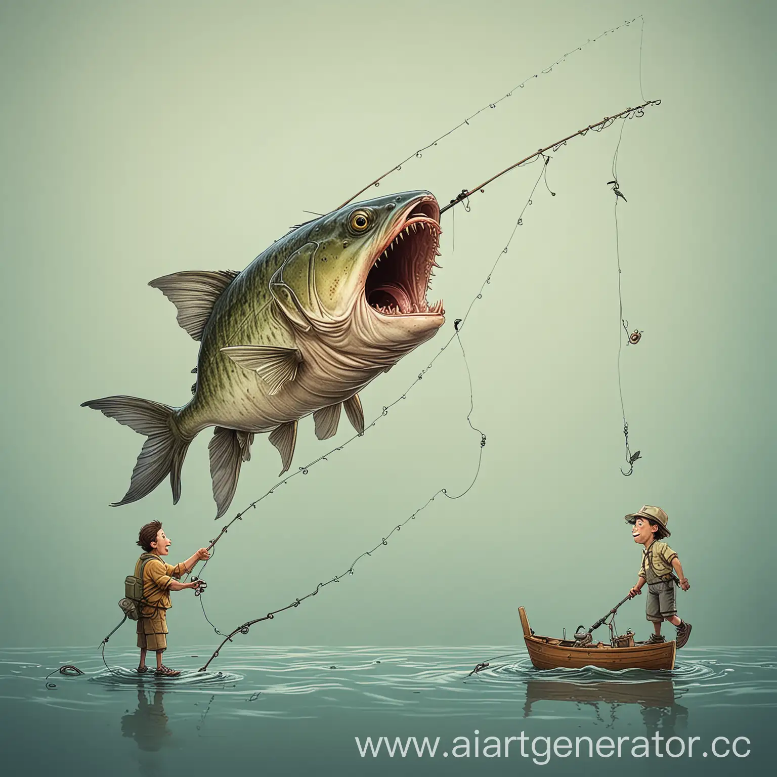 Fishing-Cartoon-Person-Baiting-a-Big-Fish-with-a-Worm