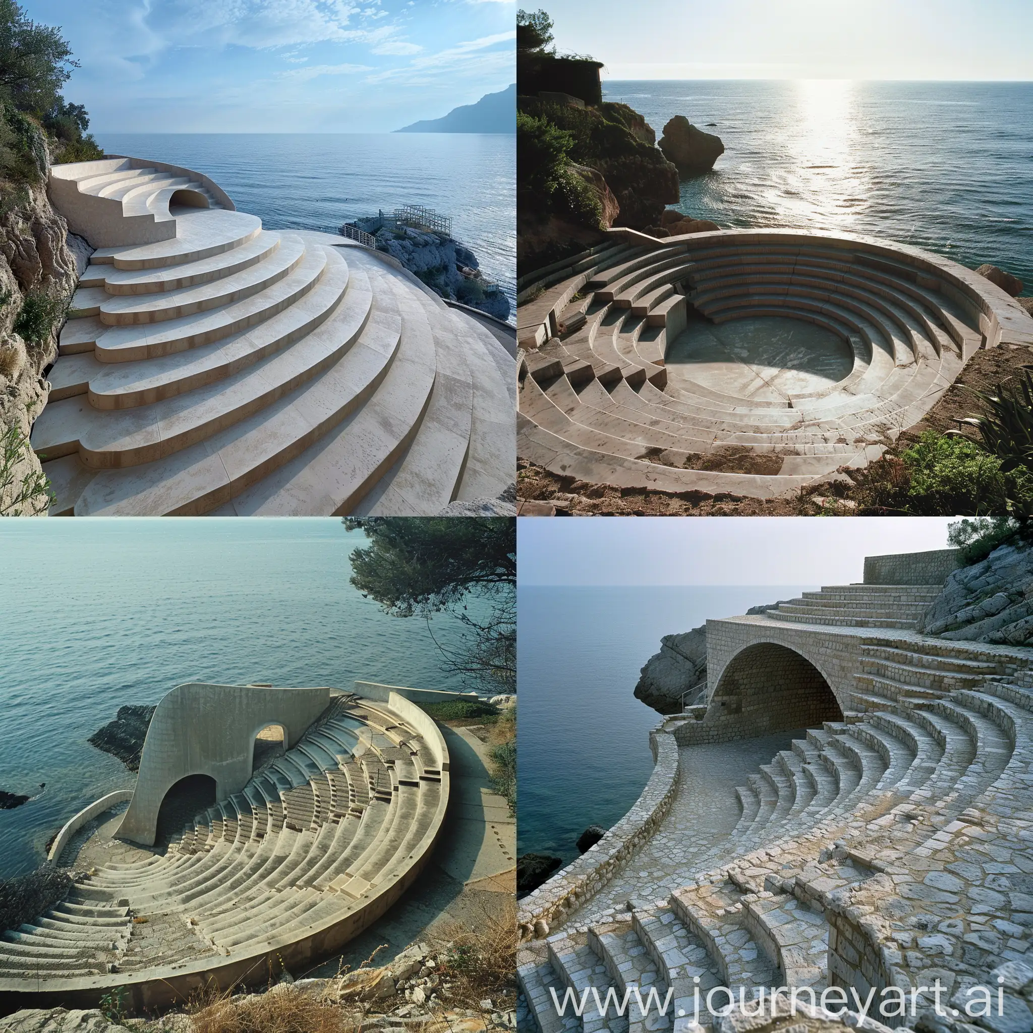 Амфитеатр встроенный в ландшафт в который спускаются по ступенькам с видом на море.