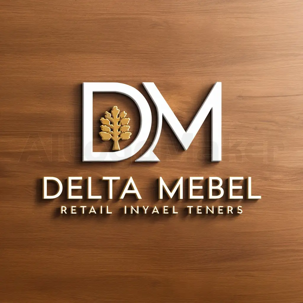 a logo design,with the text "Logotype in minimalistic style, combine letters D and M, white wooden background, oak tree image, golden letters", main symbol:DELTA MEBEL,Minimalistic,be used in Retail industry,clear background