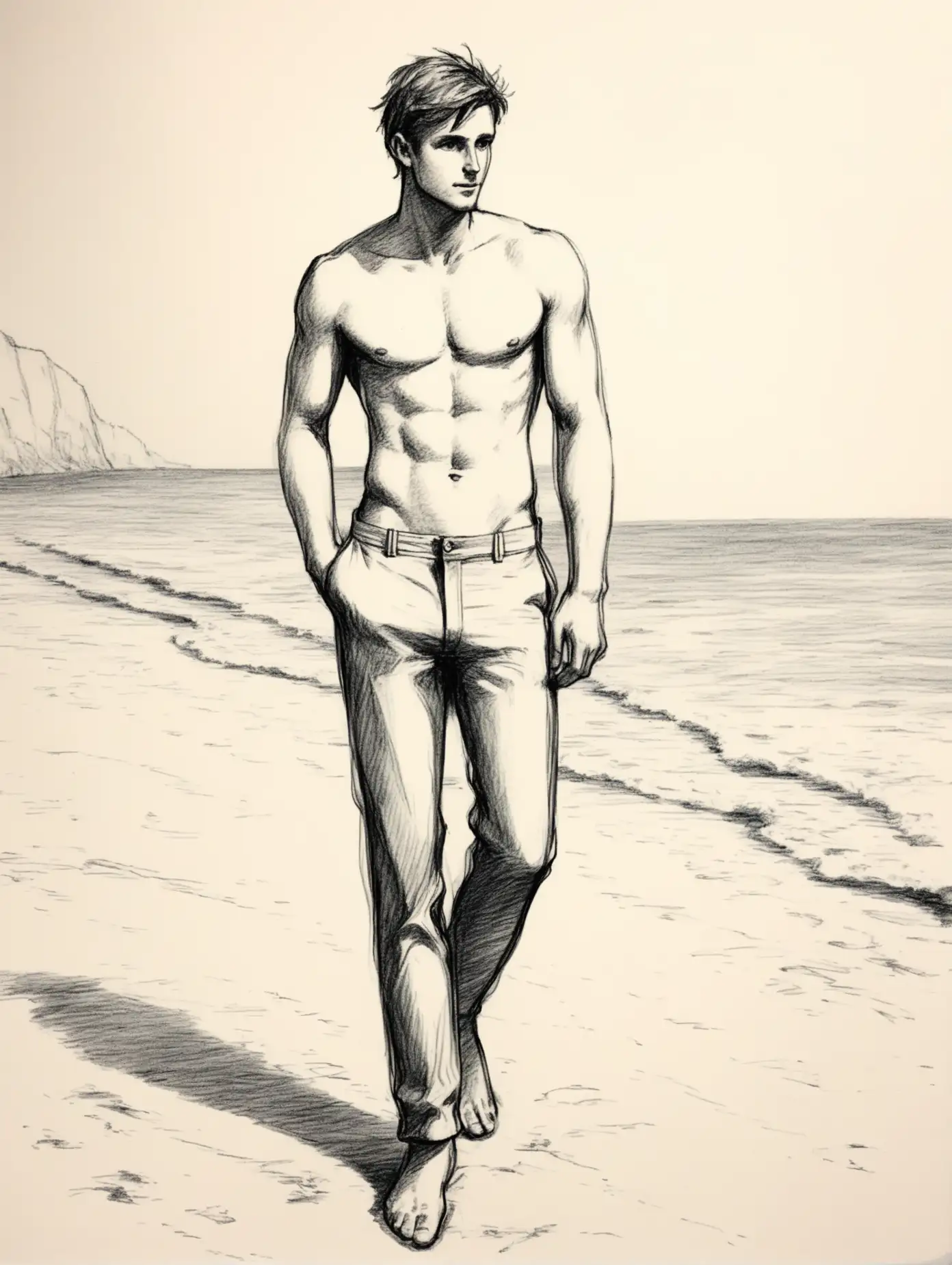 pencil sketch of a bare-chested European man wearing trousers standing looking at the sea on the beach