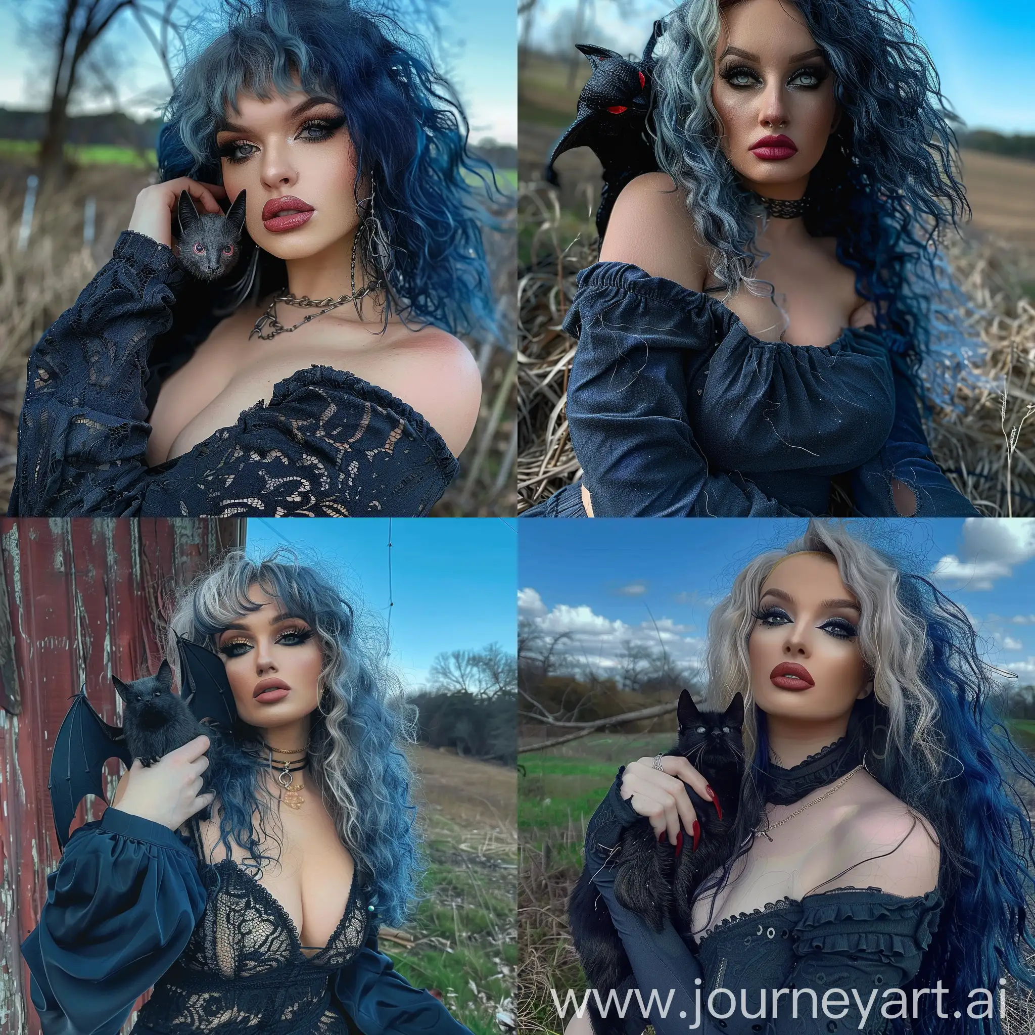 CloseUp-Portrait-of-Girl-with-Bat-Dark-Blue-Hair-and-Stunning-Makeup