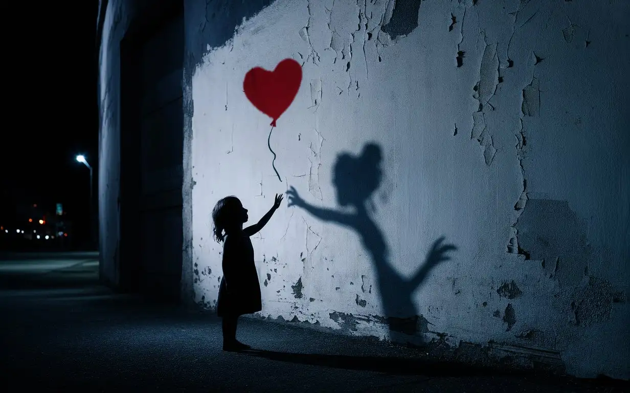 [in the shadow of Banksy] Flying little red heart-shaped balloon with a string, close-up, only the shadow of a little girl standing with outstretched arm as if trying to hold the balloon, shadow of the girl projected on the wall in the background, peeling white wall, night, urban wall with night street lighting, drama, low saturation, hyper-realistic, cinematic