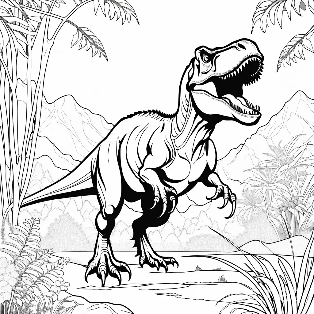 Tyrannosaurus rex อยู่ในสวนหลังบ้าน Coloring Page, black and white, line art, white background, Simplicity, Ample White Space พื้นหลังของหน้าระบายสีเป็นสีขาวล้วนเพื่อให้เด็กๆ ระบายสีตามเส้นได้ง่าย โครงร่างของทุกหัวข้อแยกแยะได้ง่าย ทำให้เด็กๆ ระบายสีได้ง่ายโดยไม่ยากเกินไป, Coloring Page, black and white, line art, white background, Simplicity, Ample White Space. The background of the coloring page is plain white to make it easy for young children to color within the lines. The outlines of all the subjects are easy to distinguish, making it simple for kids to color without too much difficulty