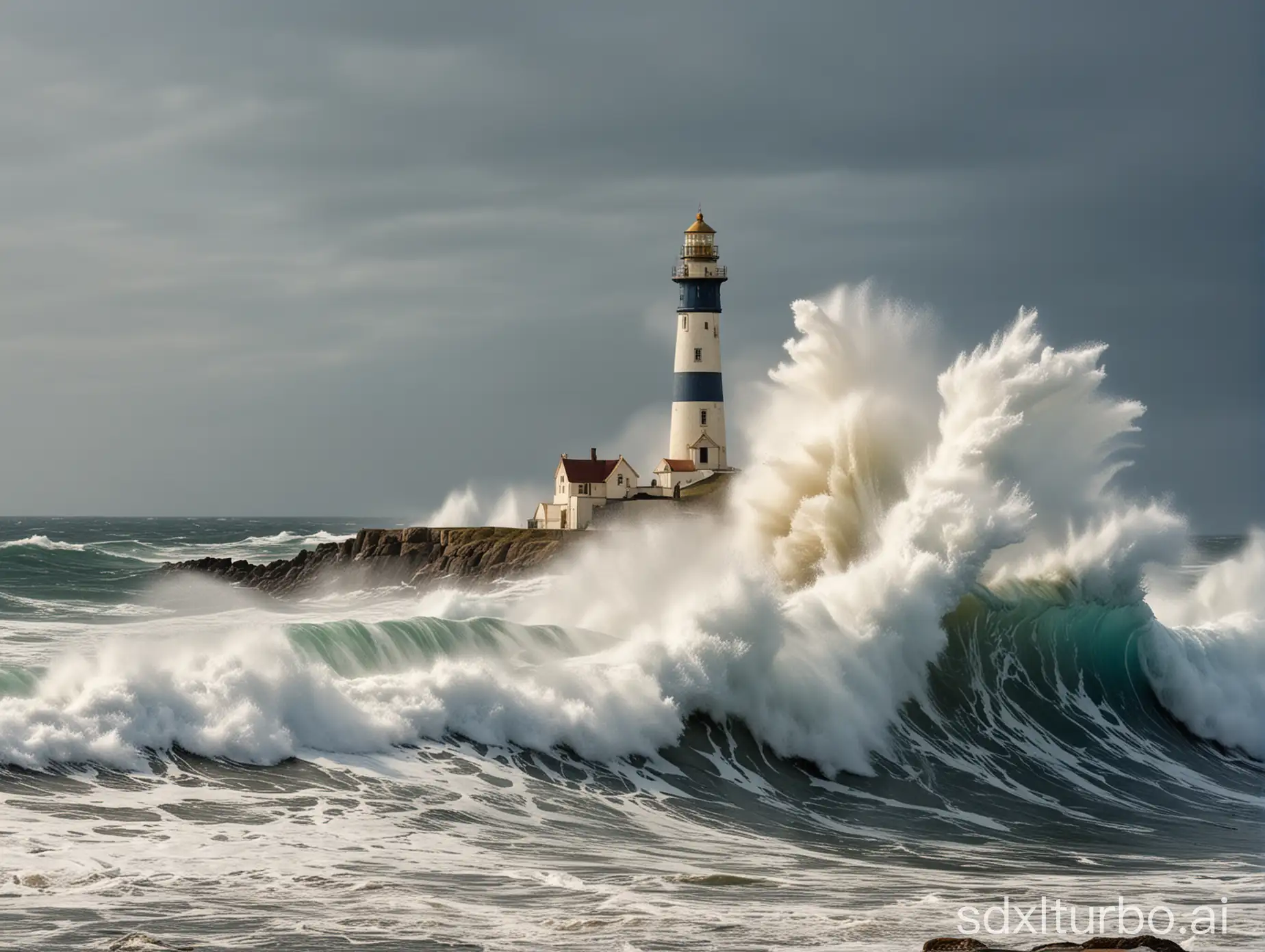 along a coastal town, lighthouse, ocean with extremely large waves in shades of blue, gold and white